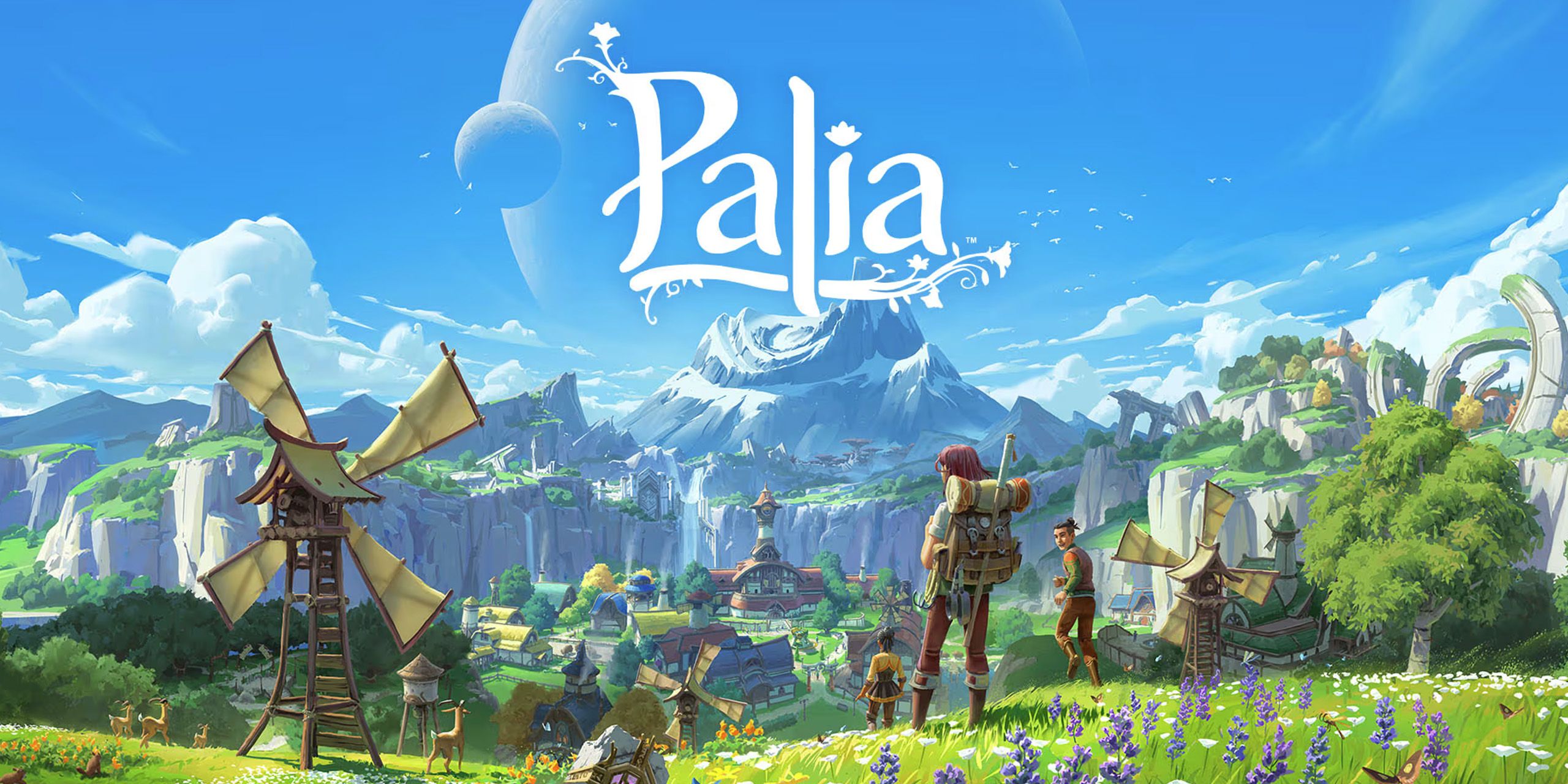 Four adventures approach a village in Palia.