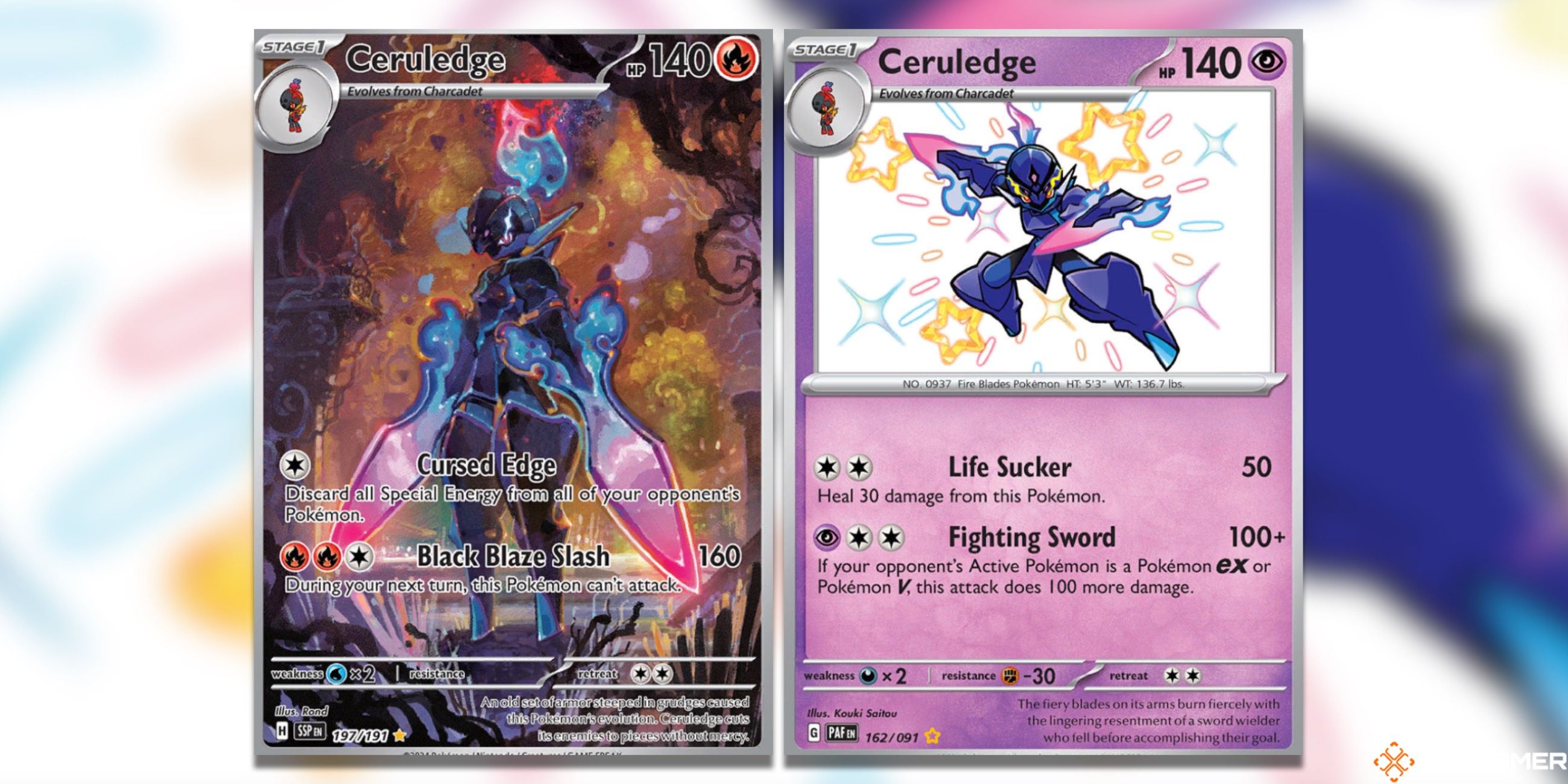 The Ceruledge Illustration Rare from Surging Sparks and the Ceruledge Shiny Holo from Paldean Fates in the Pokemon TCG.