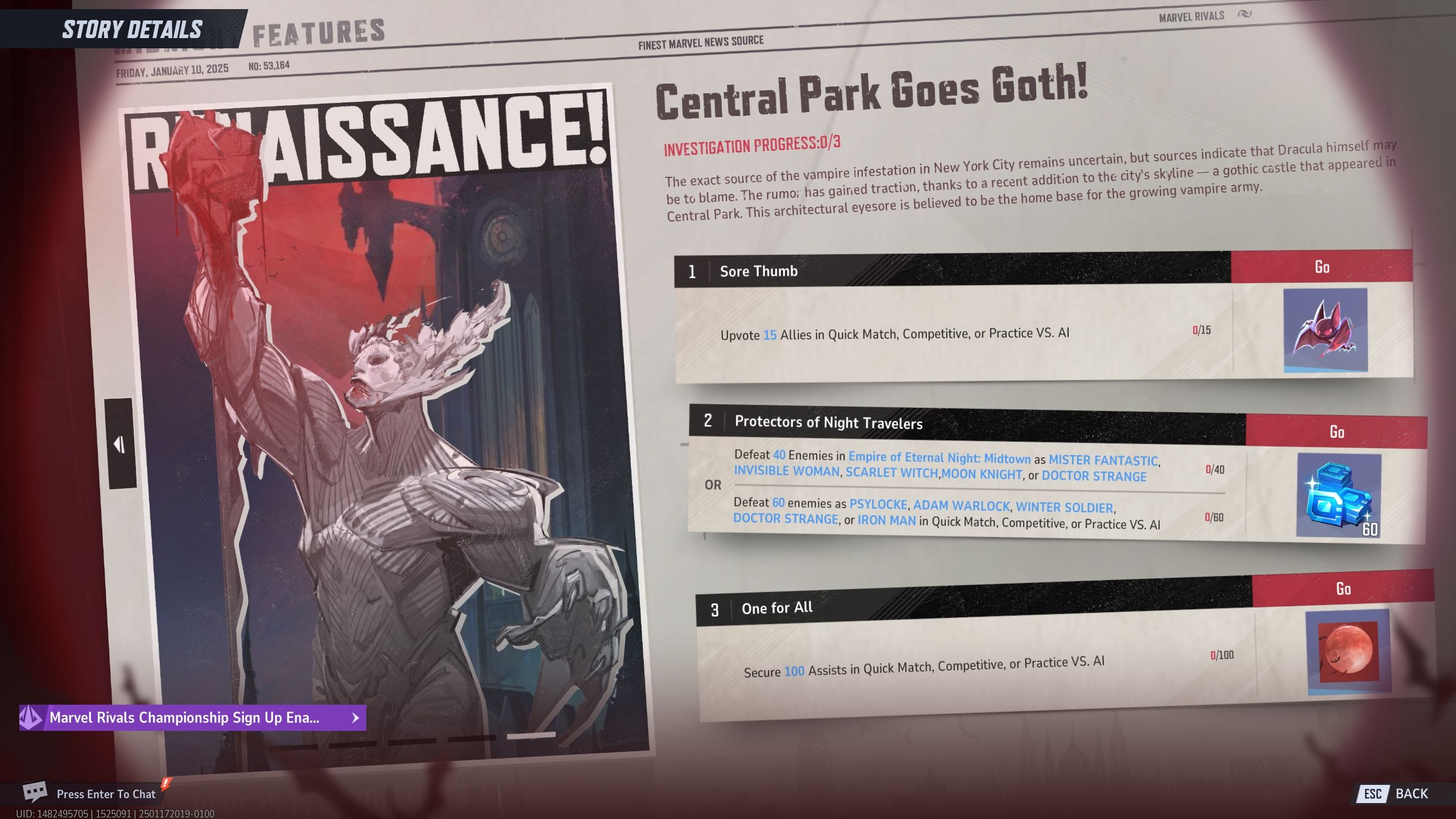 Renaissance! event page that include three challenges and rewards - Marvel Rivals