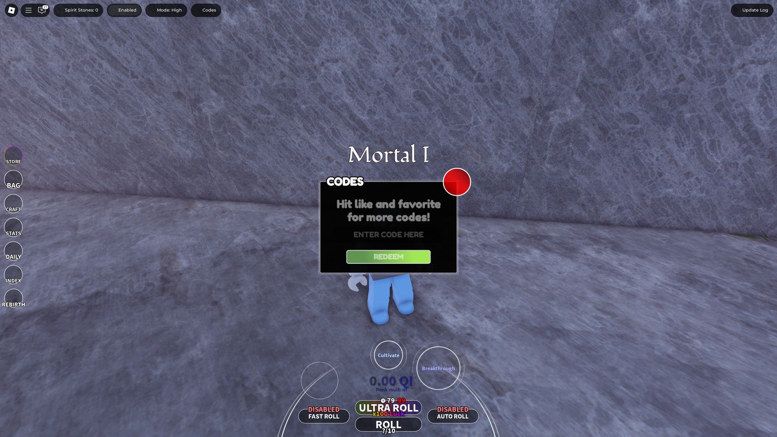 the codes box in Immortal Luck on Roblox