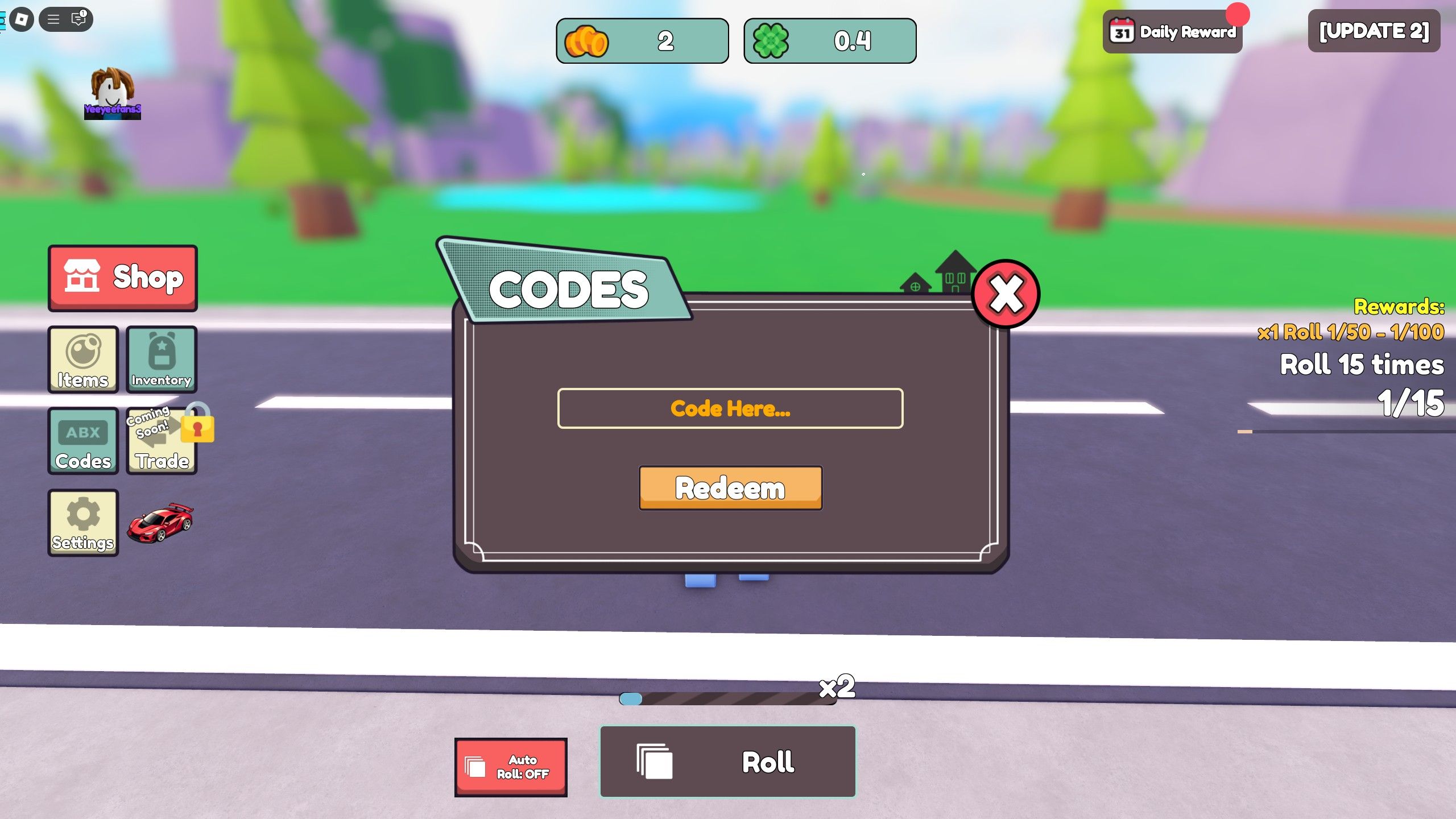 the codes box in City GO on Roblox
