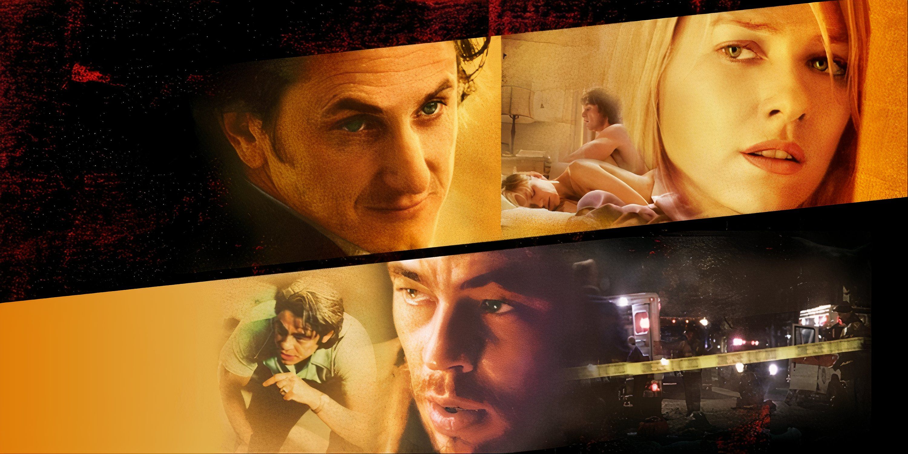 Sean Penn, Benicio del Toro, and Naomi Watts seen in various panels in the main art for 21 Grams.