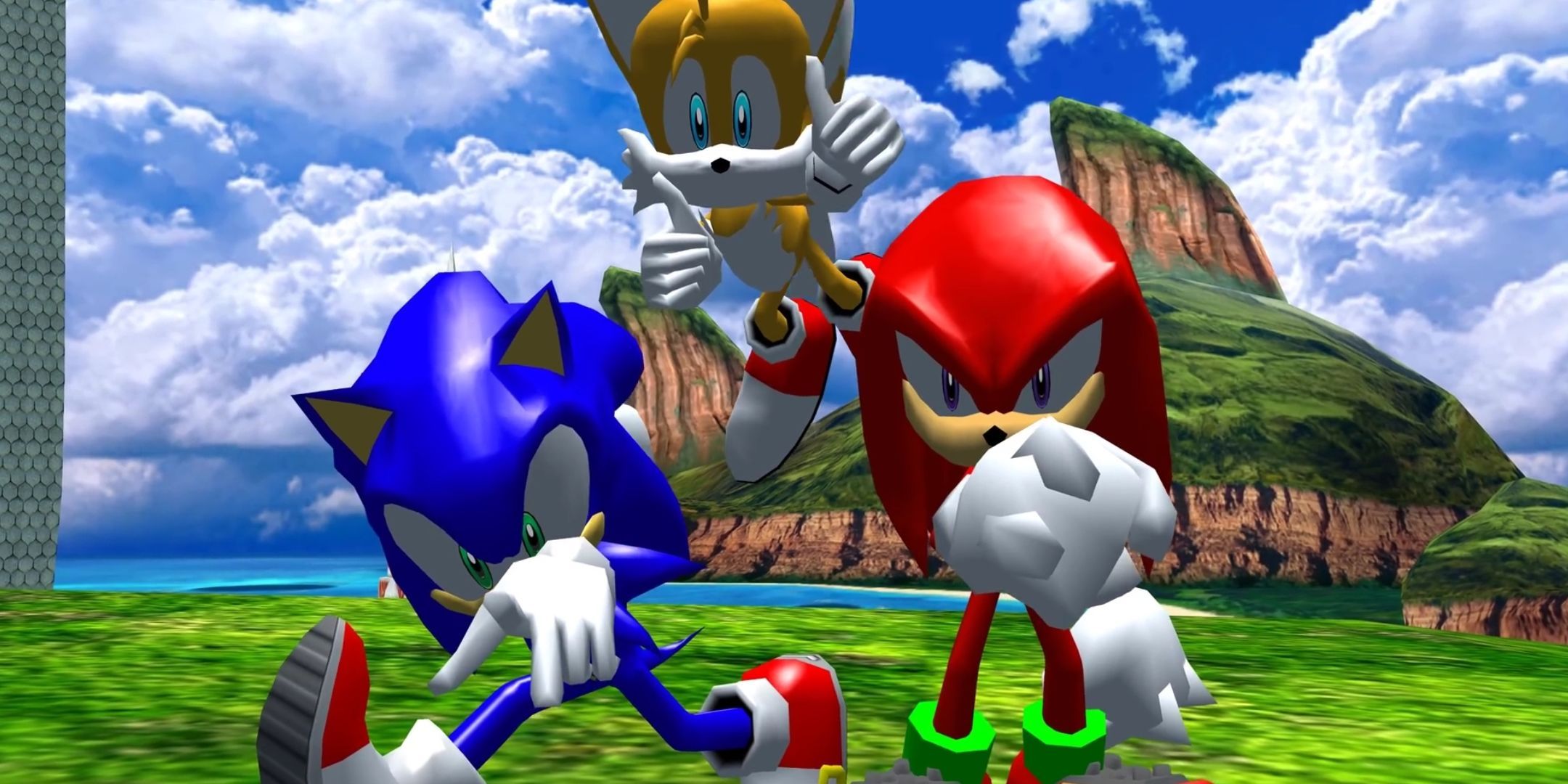Sonic, Tails and Knuckles posing after a completed stage in Sonic Heroes