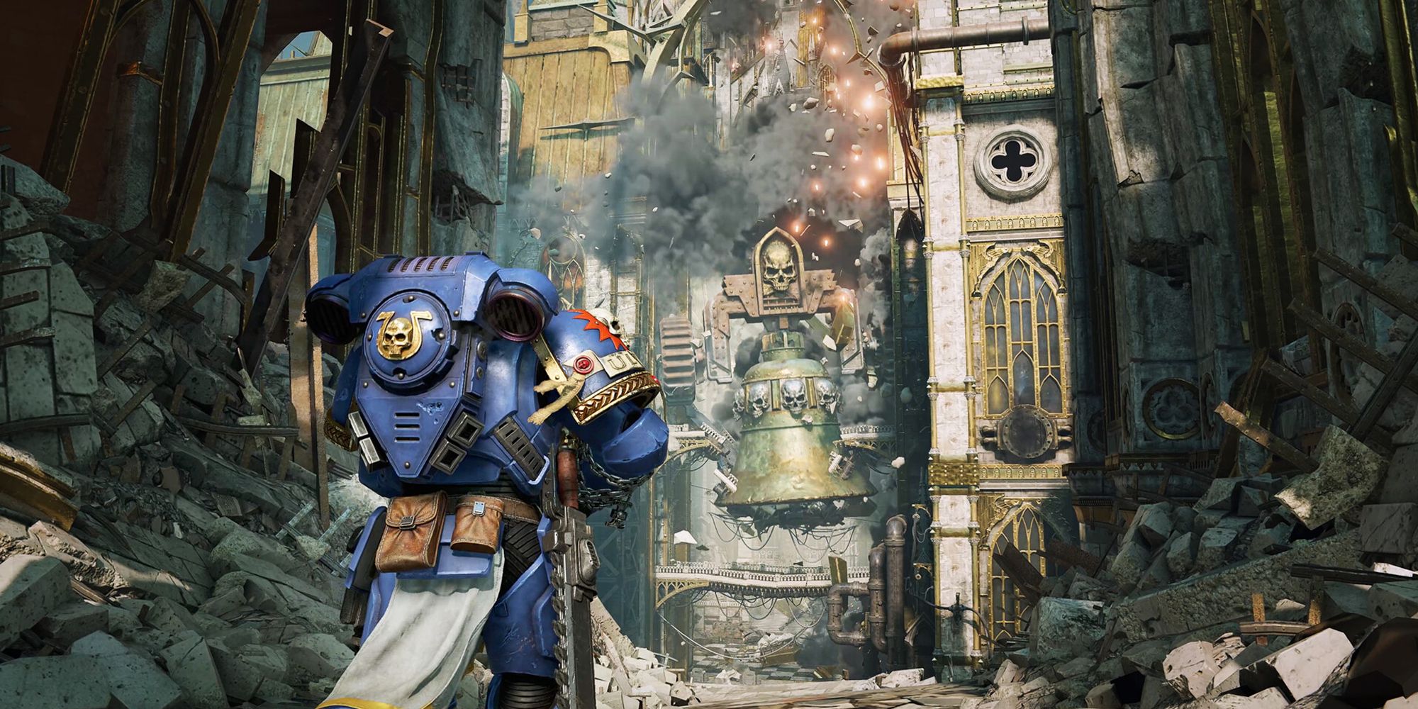 Titus approaches a collapsed bell in Space Marine 2.