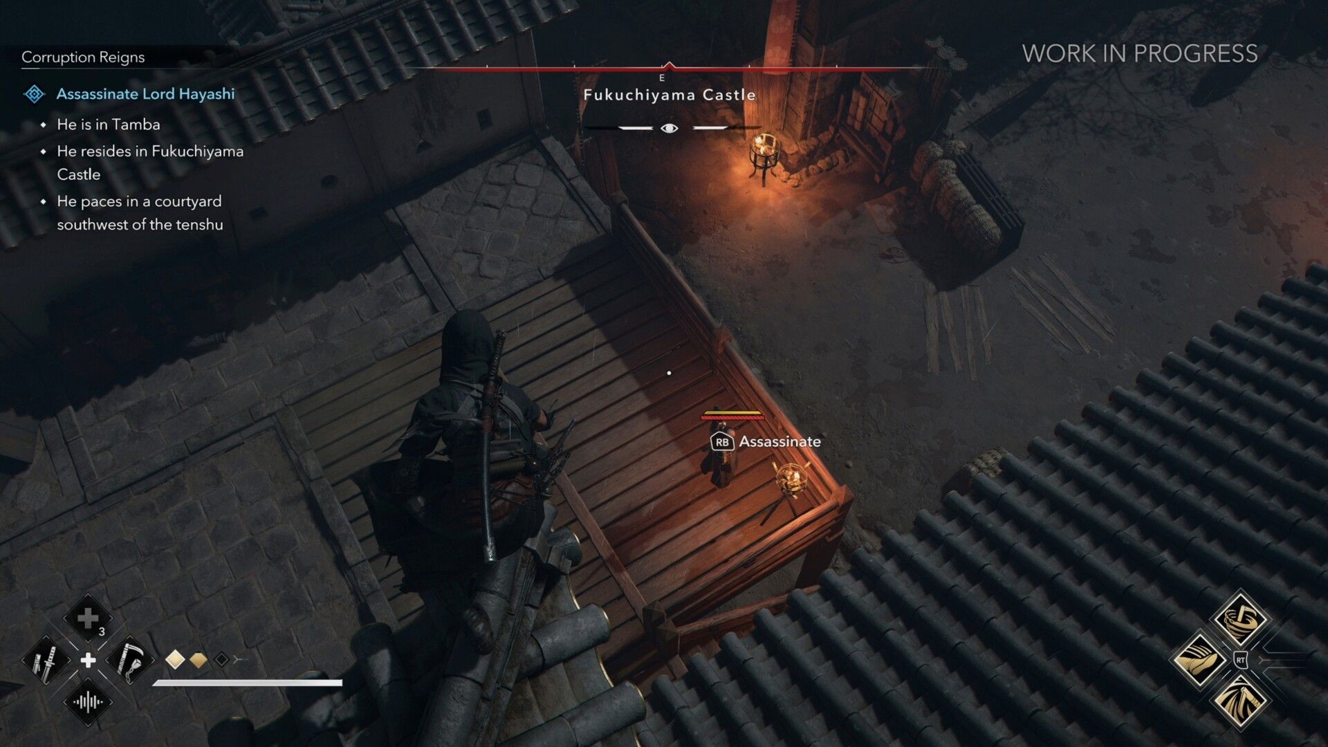 Naoe prepares to assassinate a target in Assassin's Creed Shadows. 