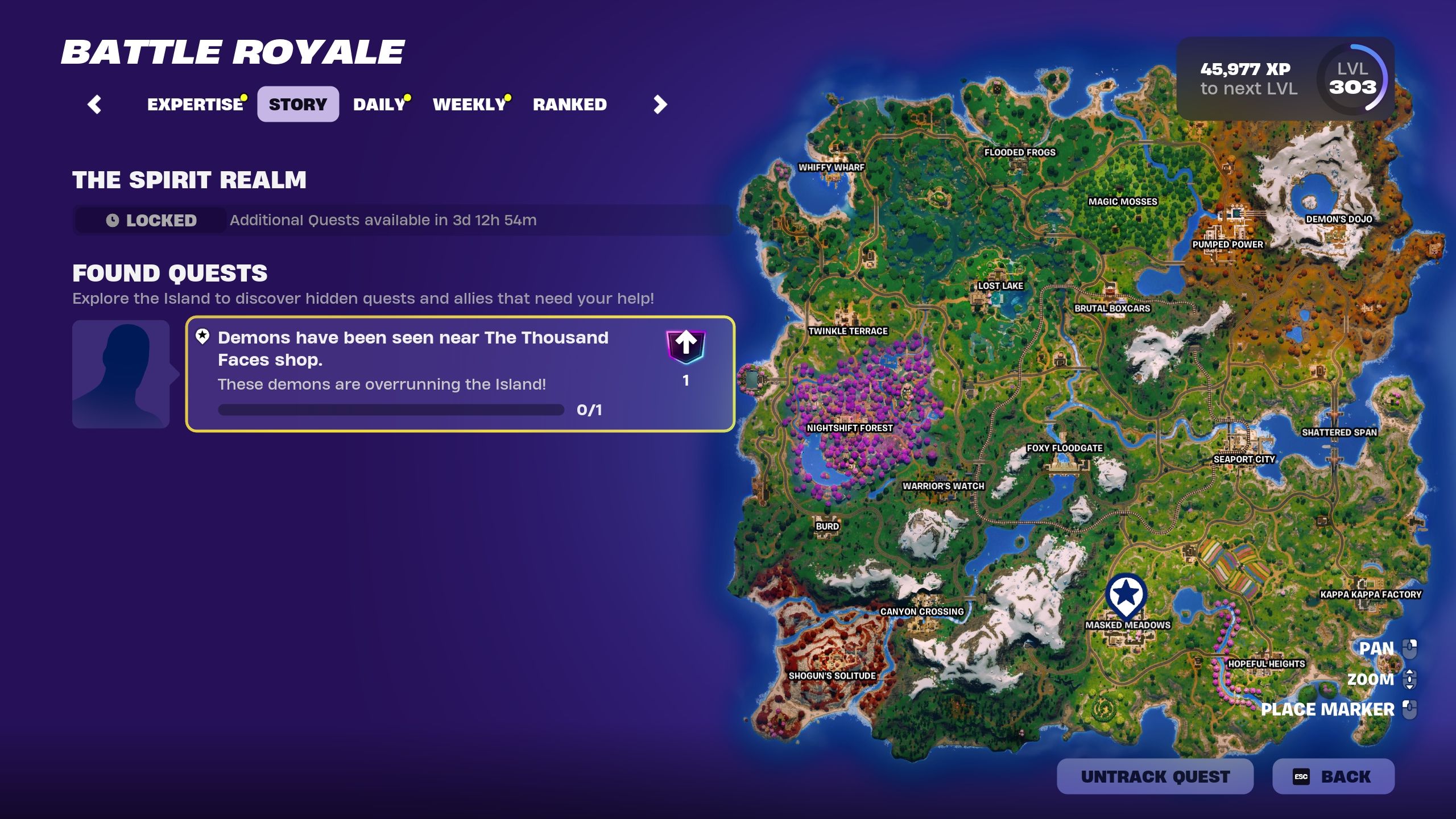 Story quest menu along side the Battle Royale map - Fortnite