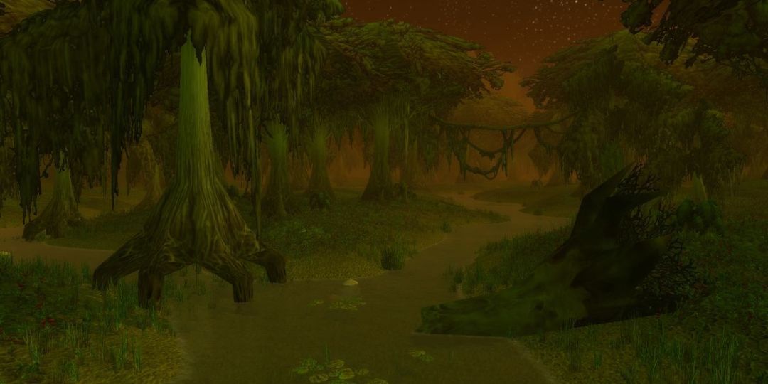 The dark and brooding landscape of the Swamp of Sorrows is shown.