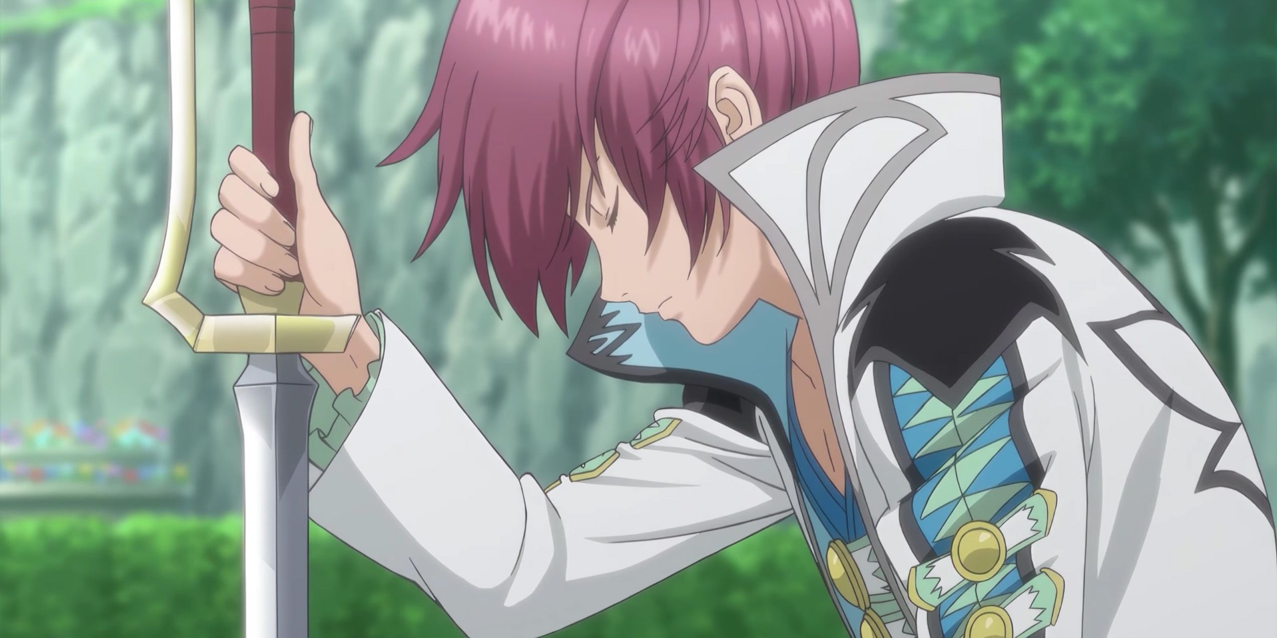 Asbel Lhant kneeling in a forest with his sword from Tales of Graces f Remastered.