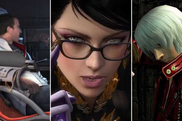 Desmond sits in a chair, Bayonetta pulls her glasses down, Dante leans against a wall.