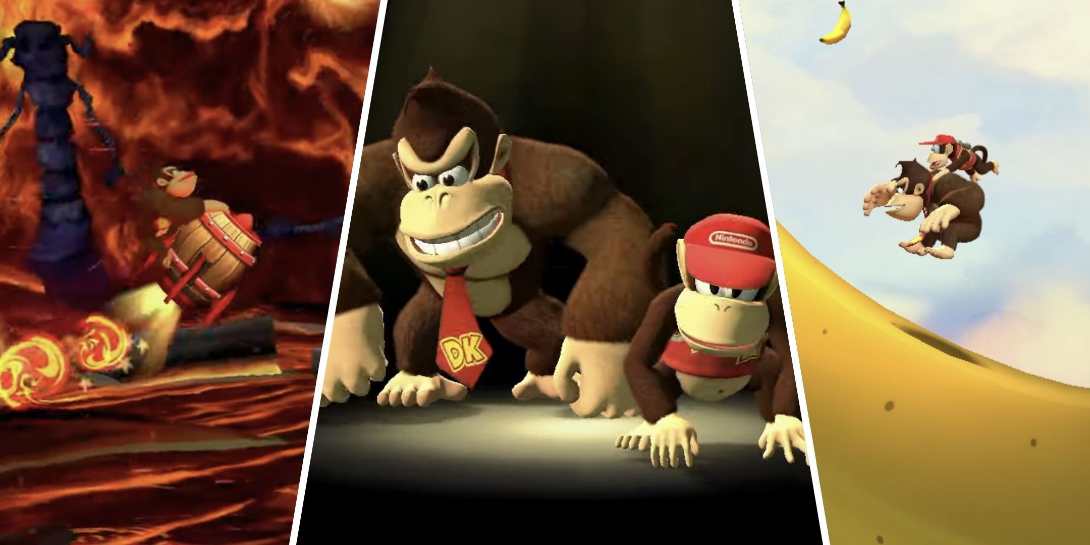 Three Images Of Donkey Kong Riding A Rocket Barrel In Hot Rocket, DK And Diddy Kong On The Game Over Screen, And DK And Diddy Kong Jumping On A Giant Banana In Golden Temple In Donkey Kong Country Returns HD.