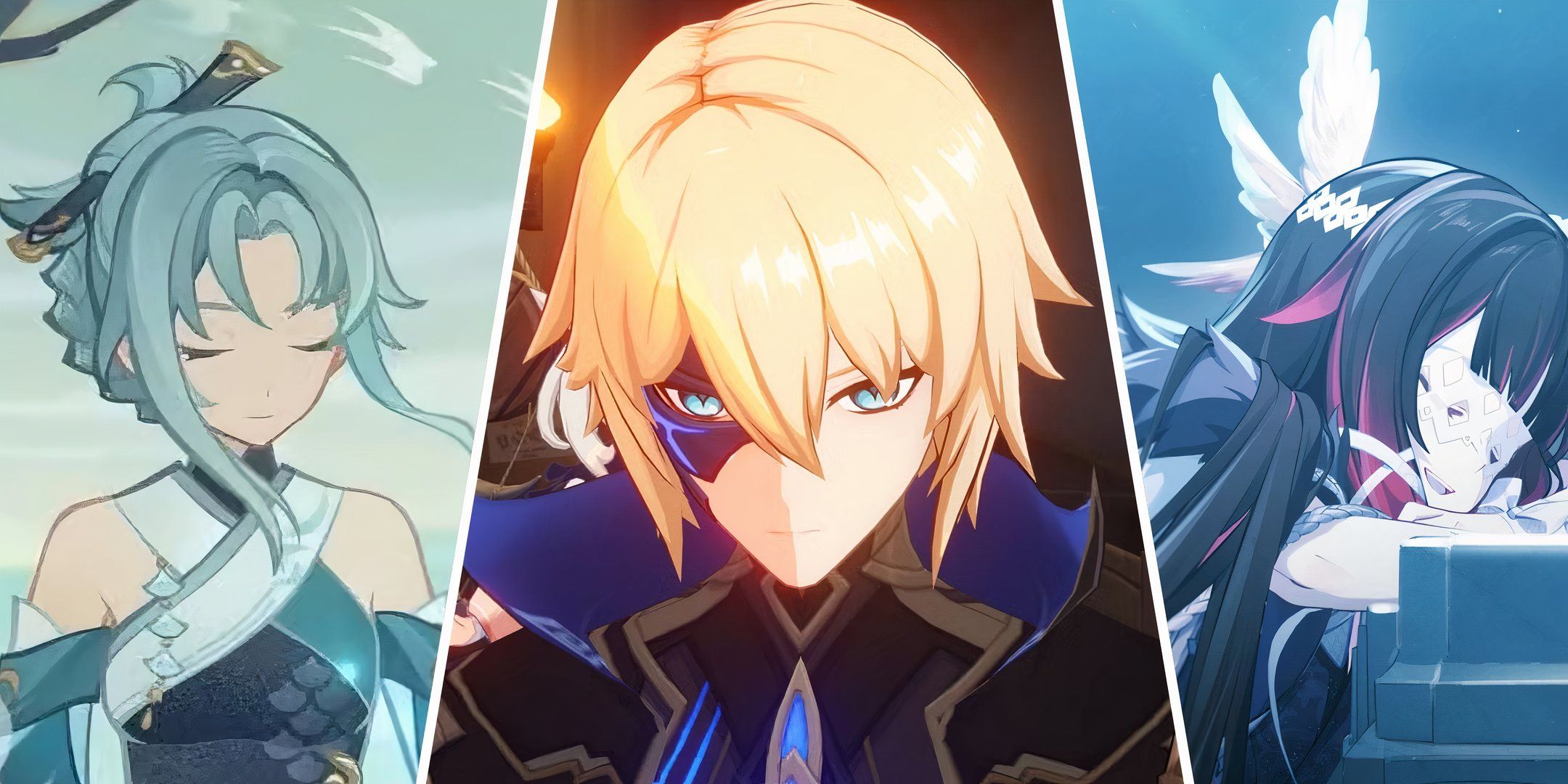 Three Images of Madame Ping, Dainsleif And Columbina From Various Scenes In Genshin Impact.