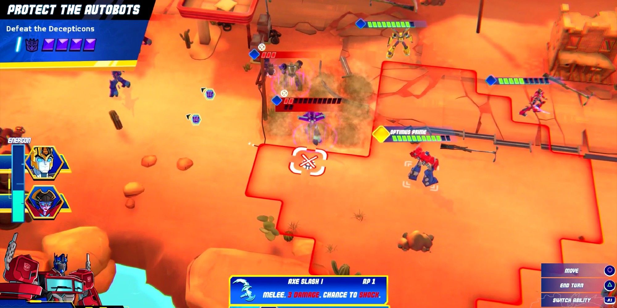 Transformers Battlegrounds image showing gameplay with Optimus Prime selected.