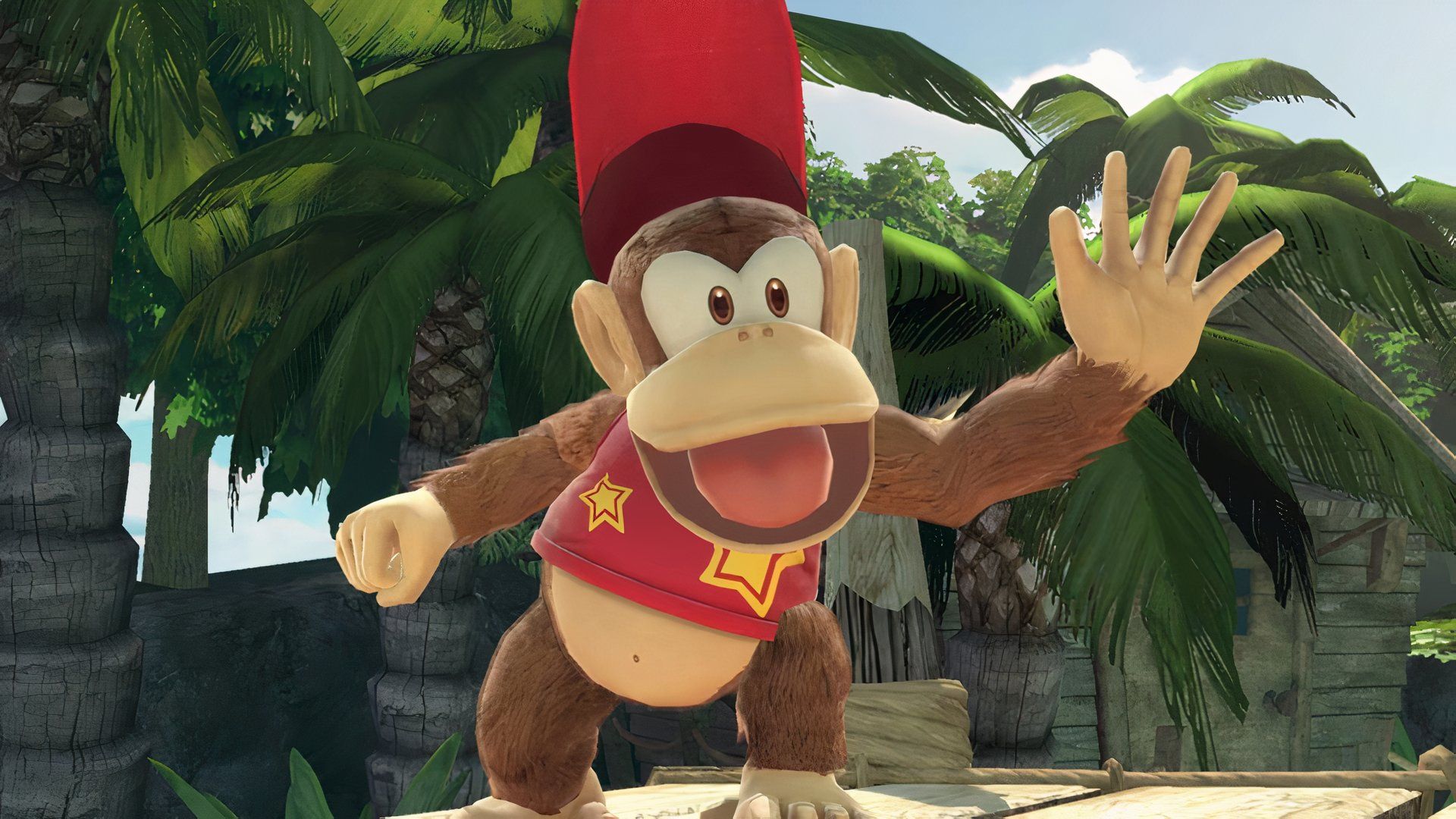 Diddy Kong waves at the camera in Super Smash Bros. Ultimate.