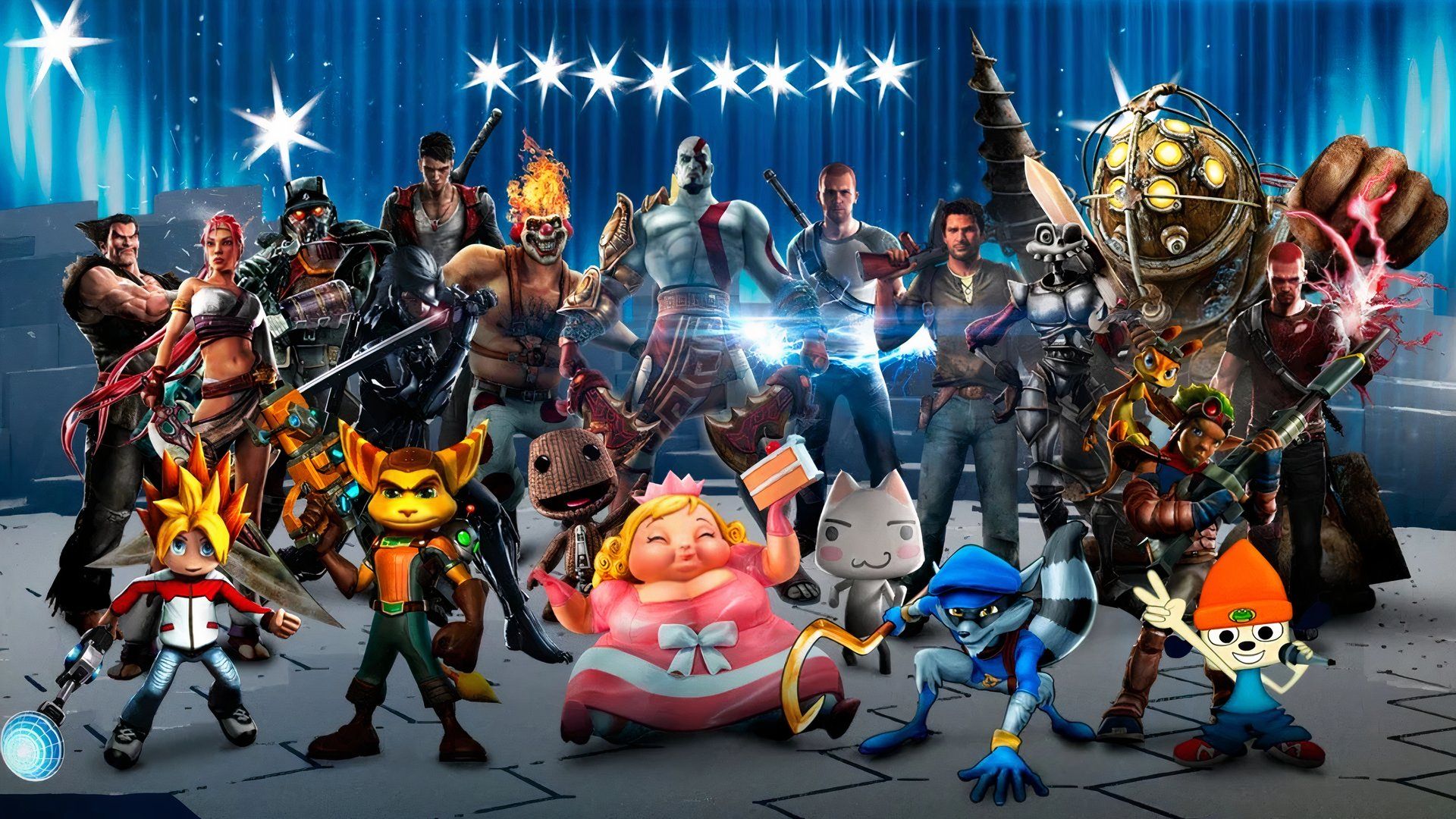The cast of PlayStation All-Stars Battle Royale (2012).