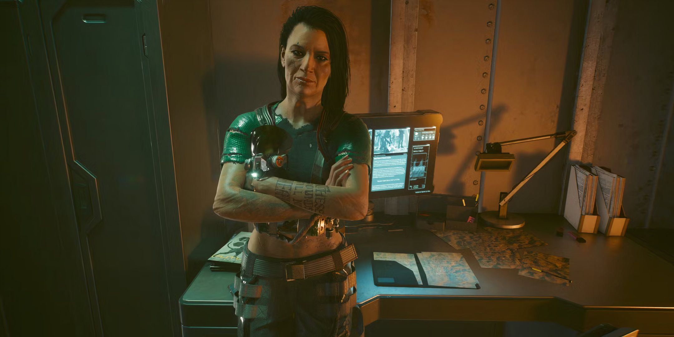 Dakota Smith in her garage office in cyberpunk 2077. 