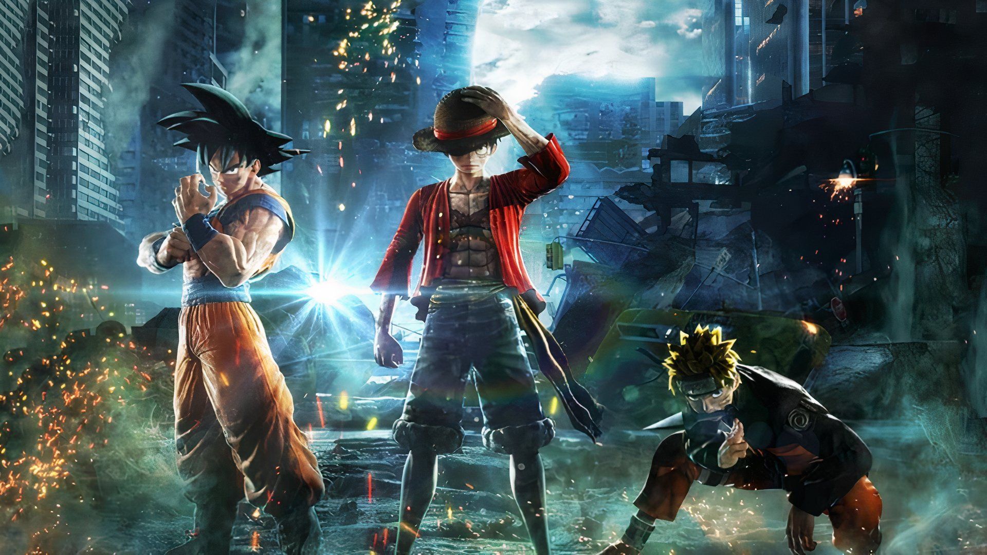 Goku, Luffy, and Naruto as they appear in Jump Force.