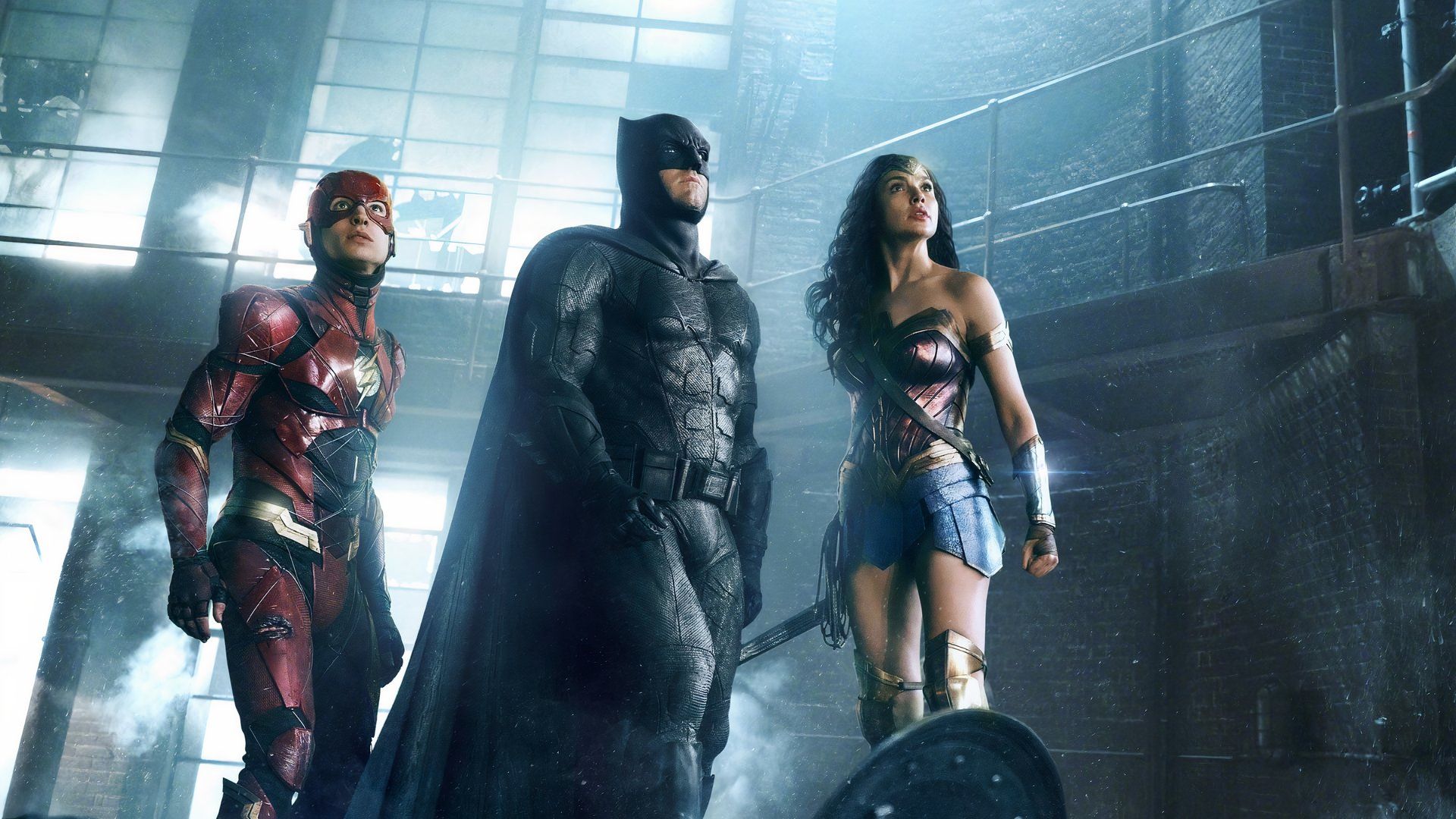 The Flash, Batman, and Wonder Woman in the 2017 film Justice League.