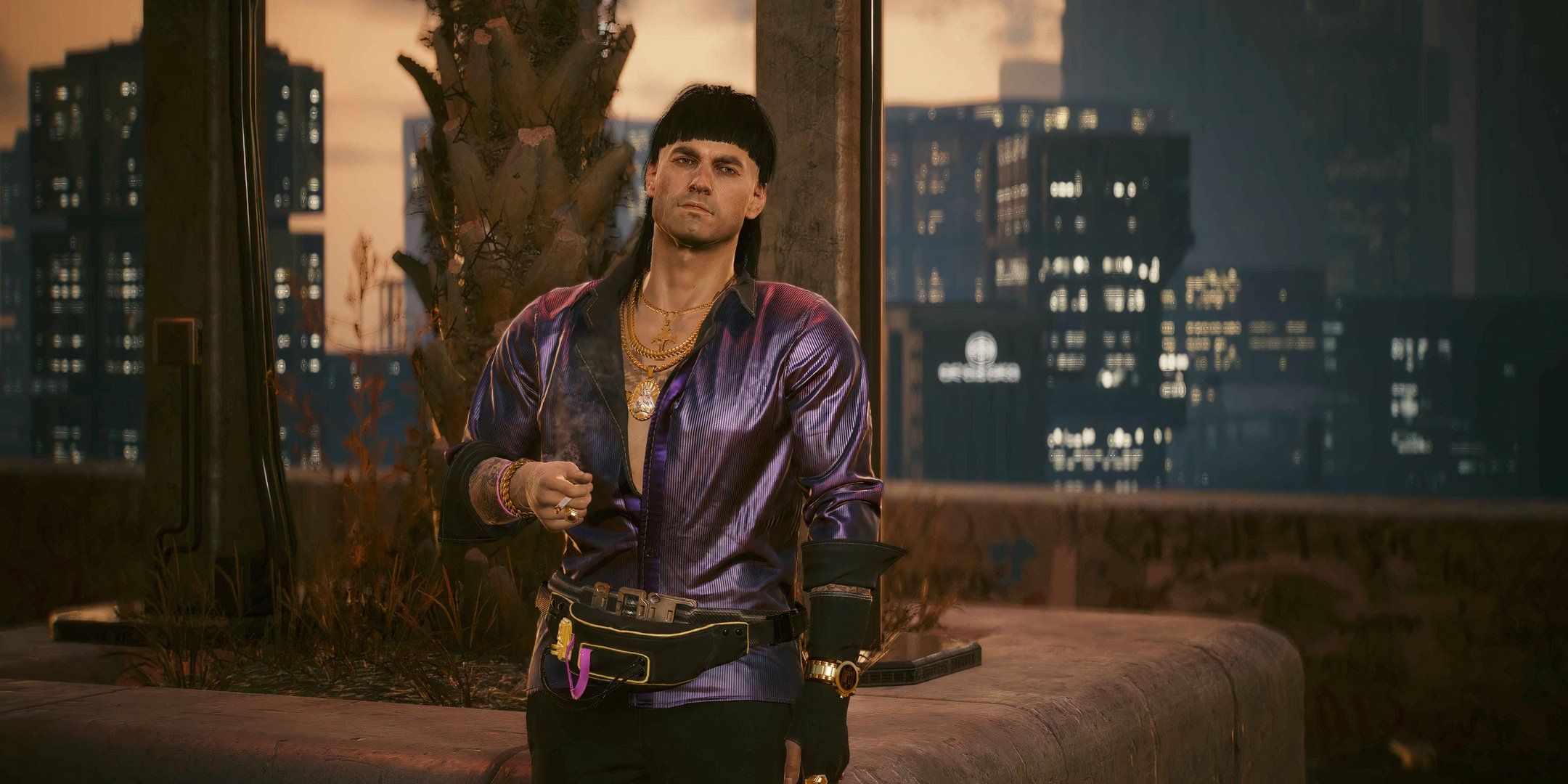 Muamar Reyes standing by a road overlooking Night City in cyberpunk 2077.