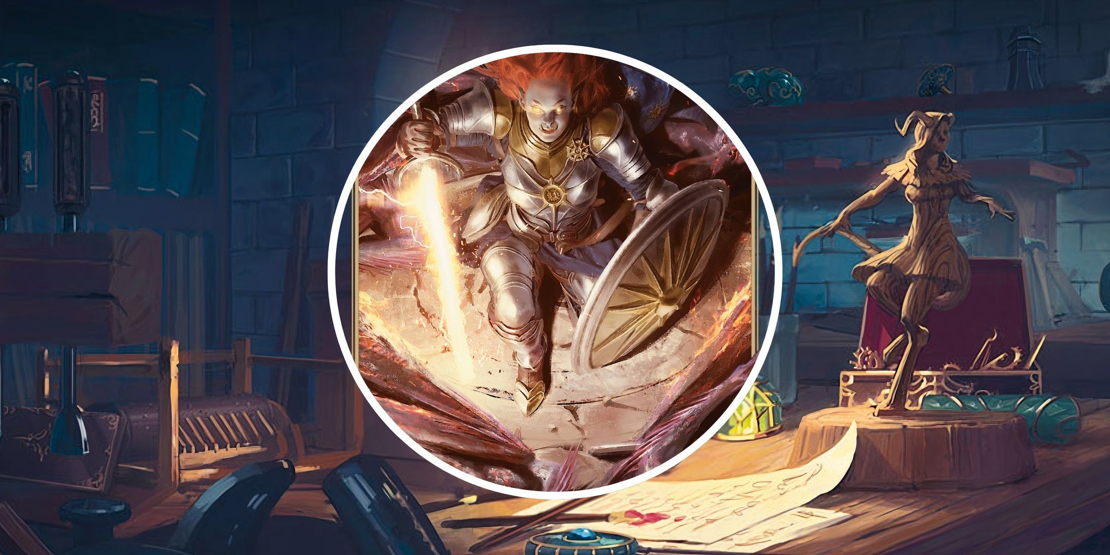 A paladin harnessing their power in a split image against an ancient study in Dungeons & Dragons.