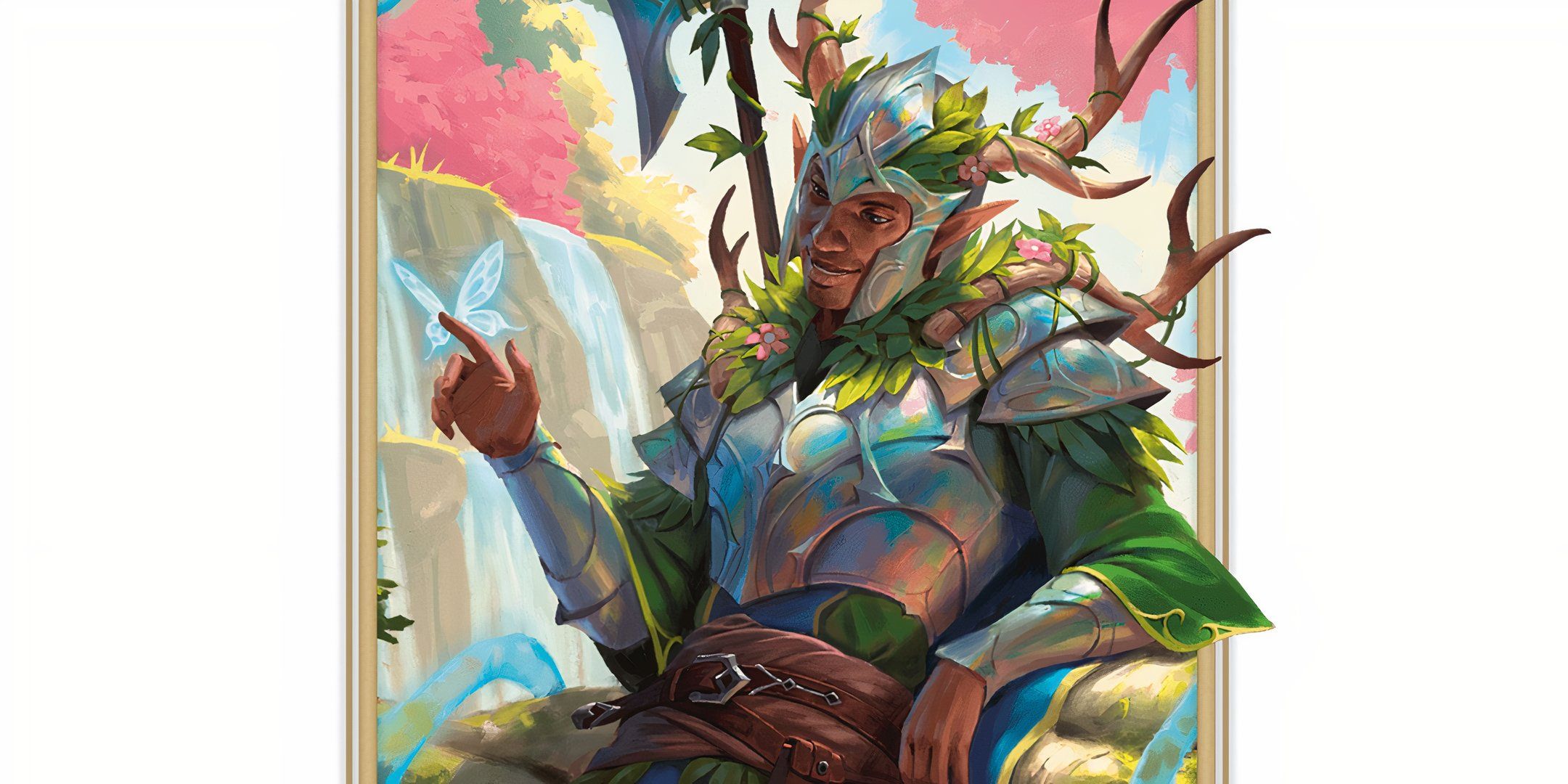 An oath of the ancients paladin with antlers growing out of their silver armor in Dungeons and Dragons.