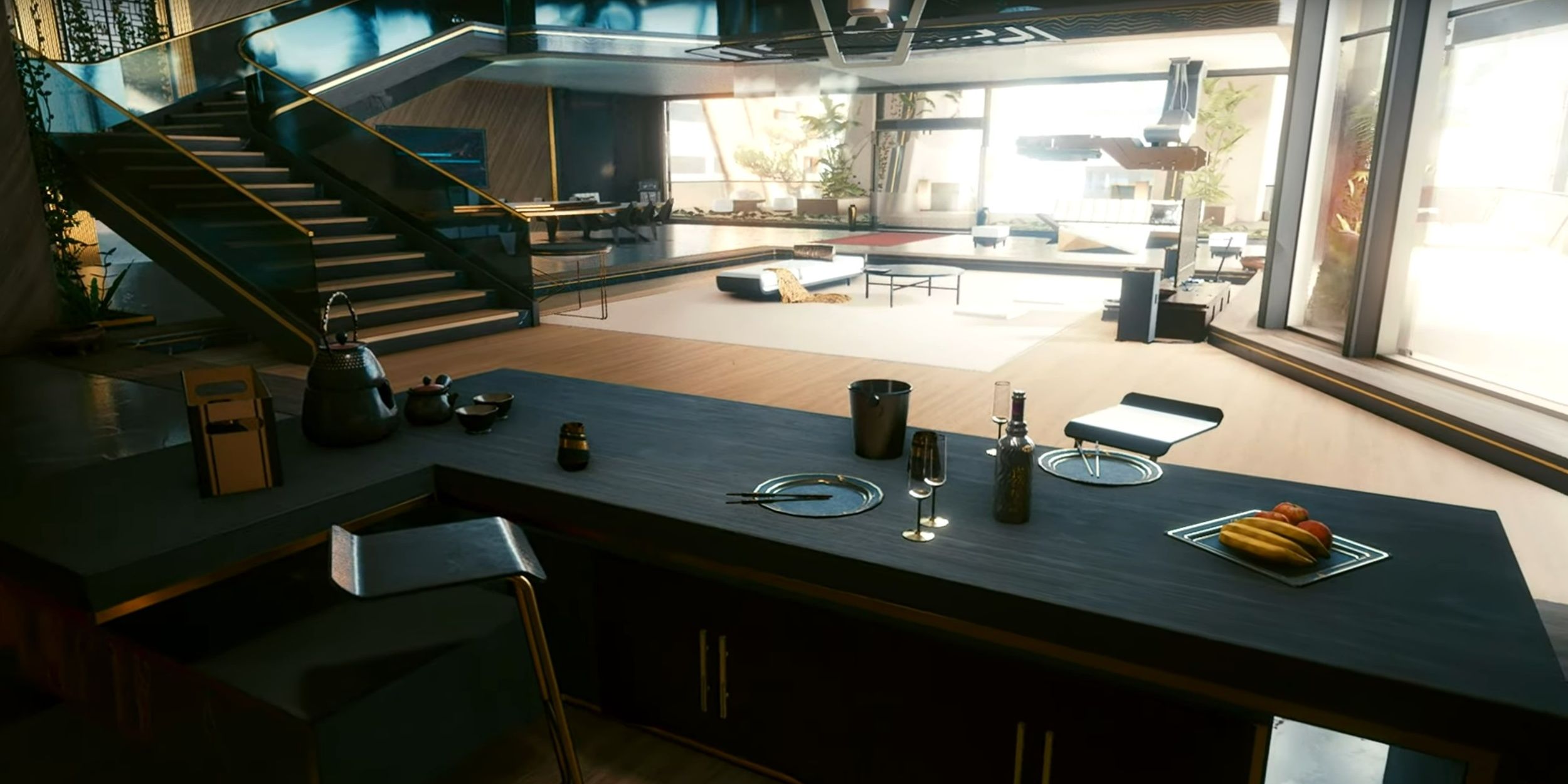 The first floor of a luxurious apartment. A black wood table is right in front, the stairs up are in the back corner, bright sunlight comes in through the glass windows in the back in Cyberpunk 2077.