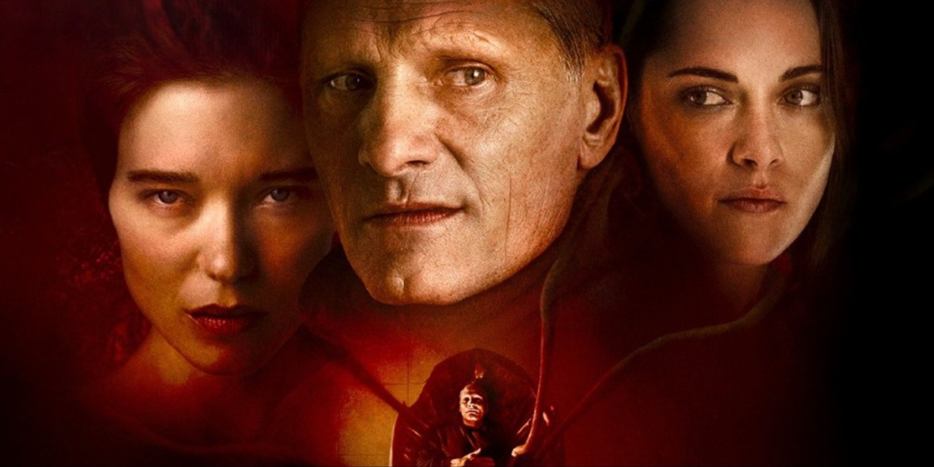 Viggo Mortensen, Léa Seydoux, and Kristen Stewart on the main art for Crimes of the Future.