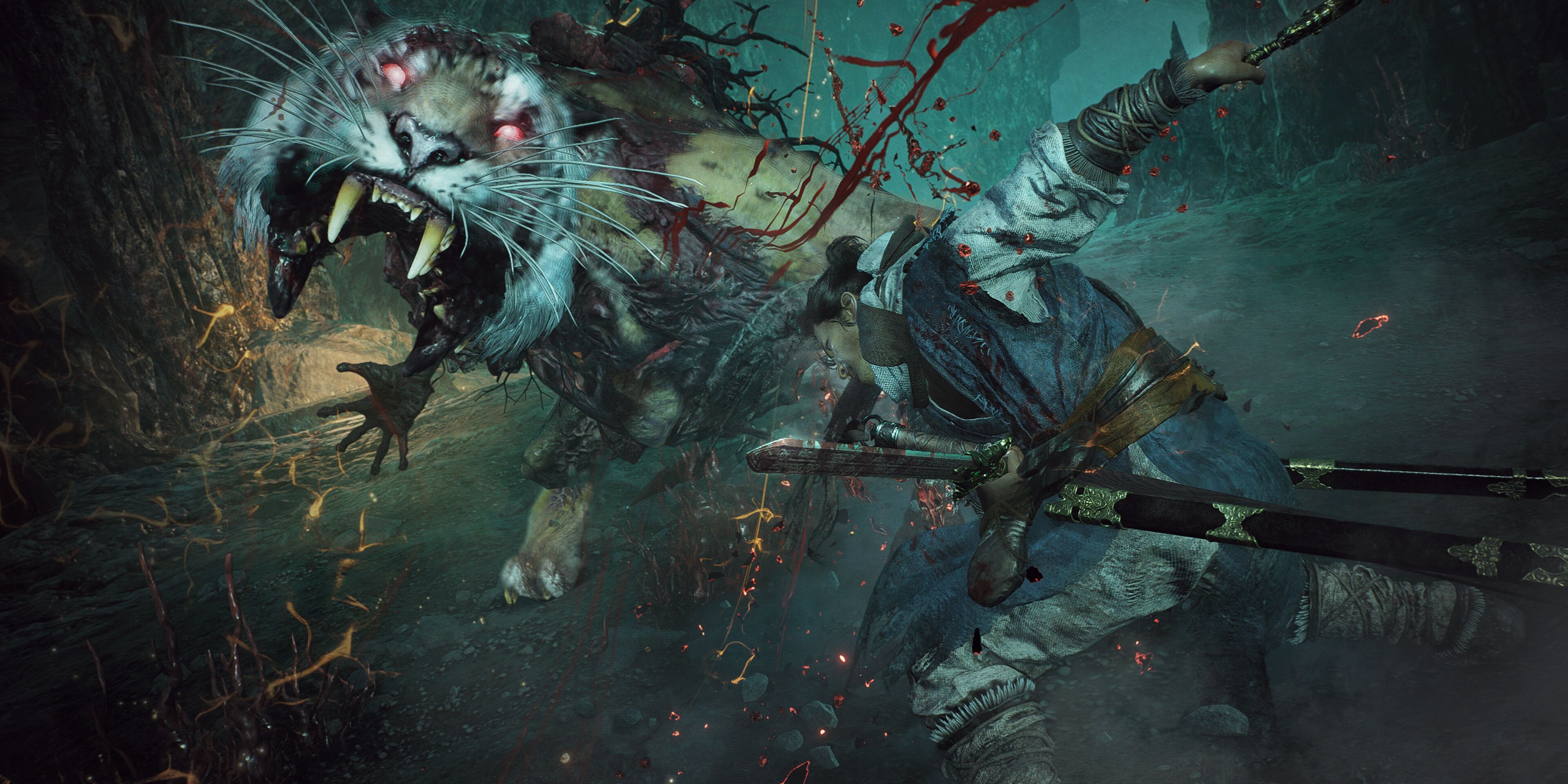 Wo Long: Fallen Dynasty - The soldier duelling with a warped looking tiger beast.