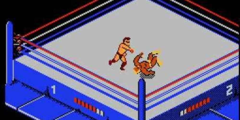 WWF WrestleMania Challenge screenshot of player slamming Hulk Hogan.