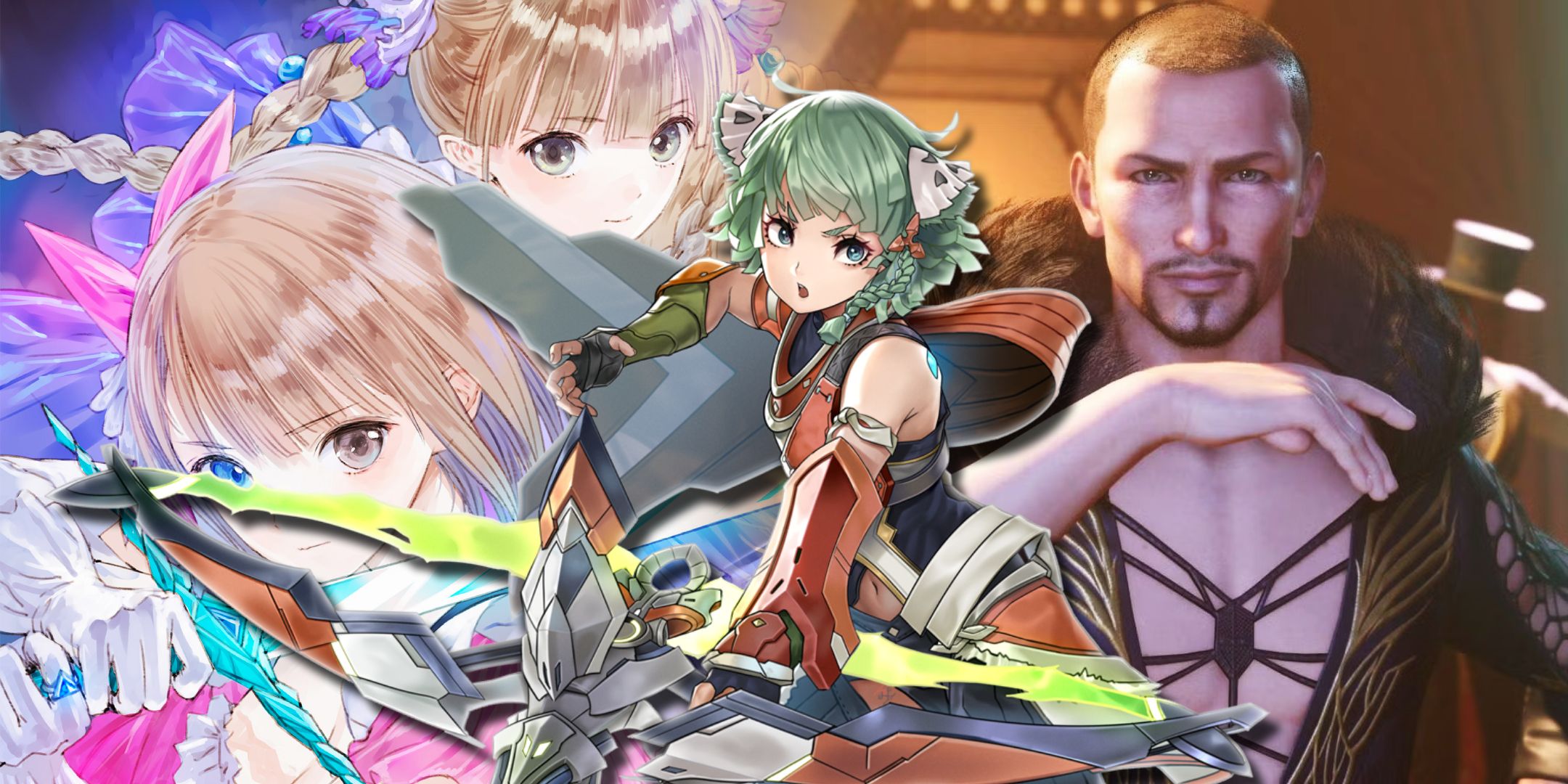 A split image of cover art from Blue Reflection and Andrea from Final Fantasy 7 Remake with Juniper from Xenoblade Chronicles 3 over top.