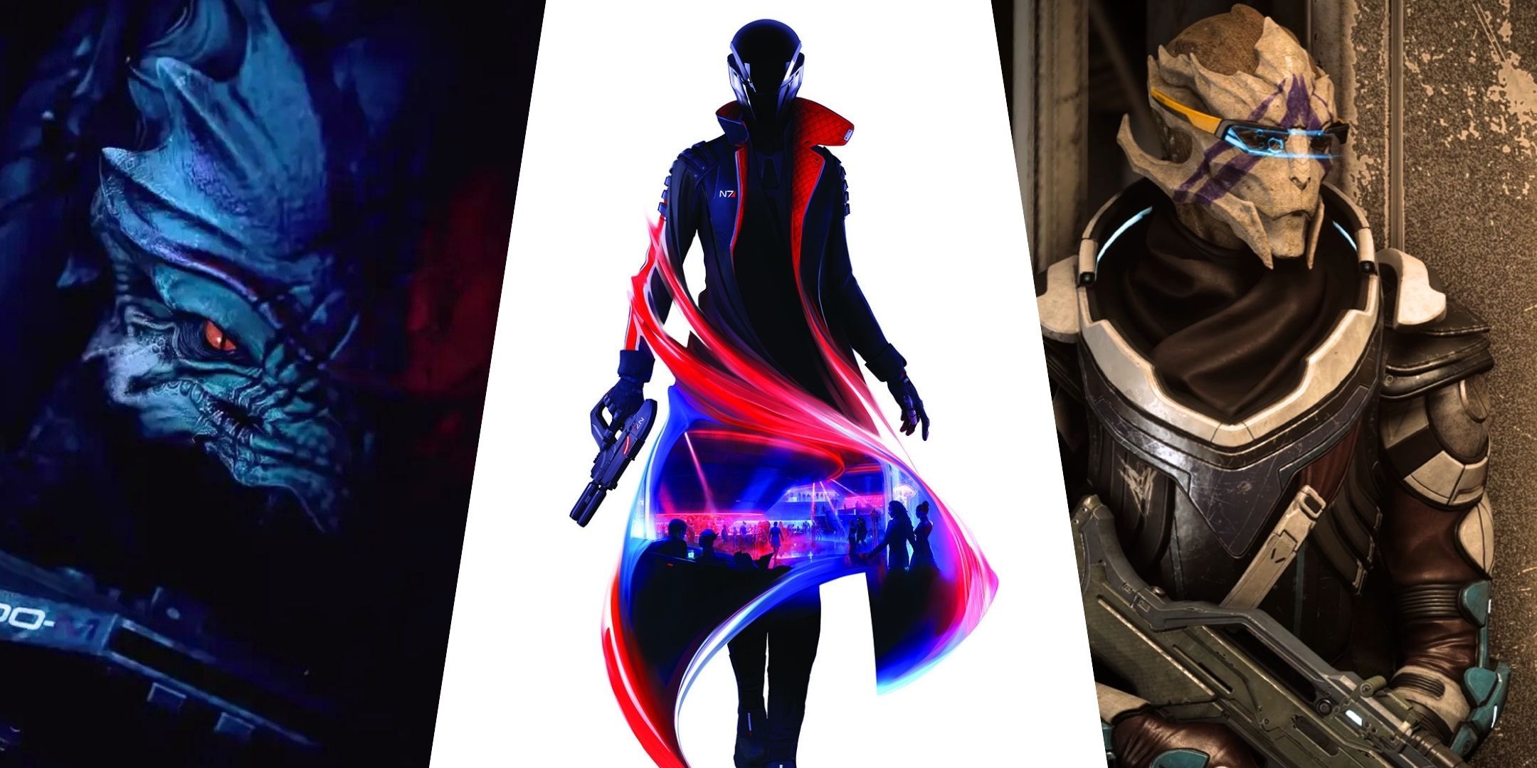 A split image of Urdnot Wrex, Vetra Nyx, and the unnamed protagonist of the fifth game from the Mass Effect series.