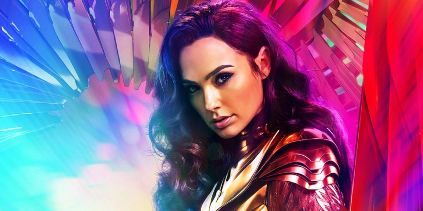 Image of Wonder Woman behind a colorful back drop for the promotional image of Wonder Woman 1984.