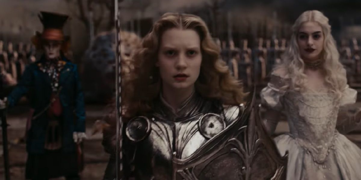 The Hatter, Alice and the White Queen in Tim Burton's Alice in Wonderland.