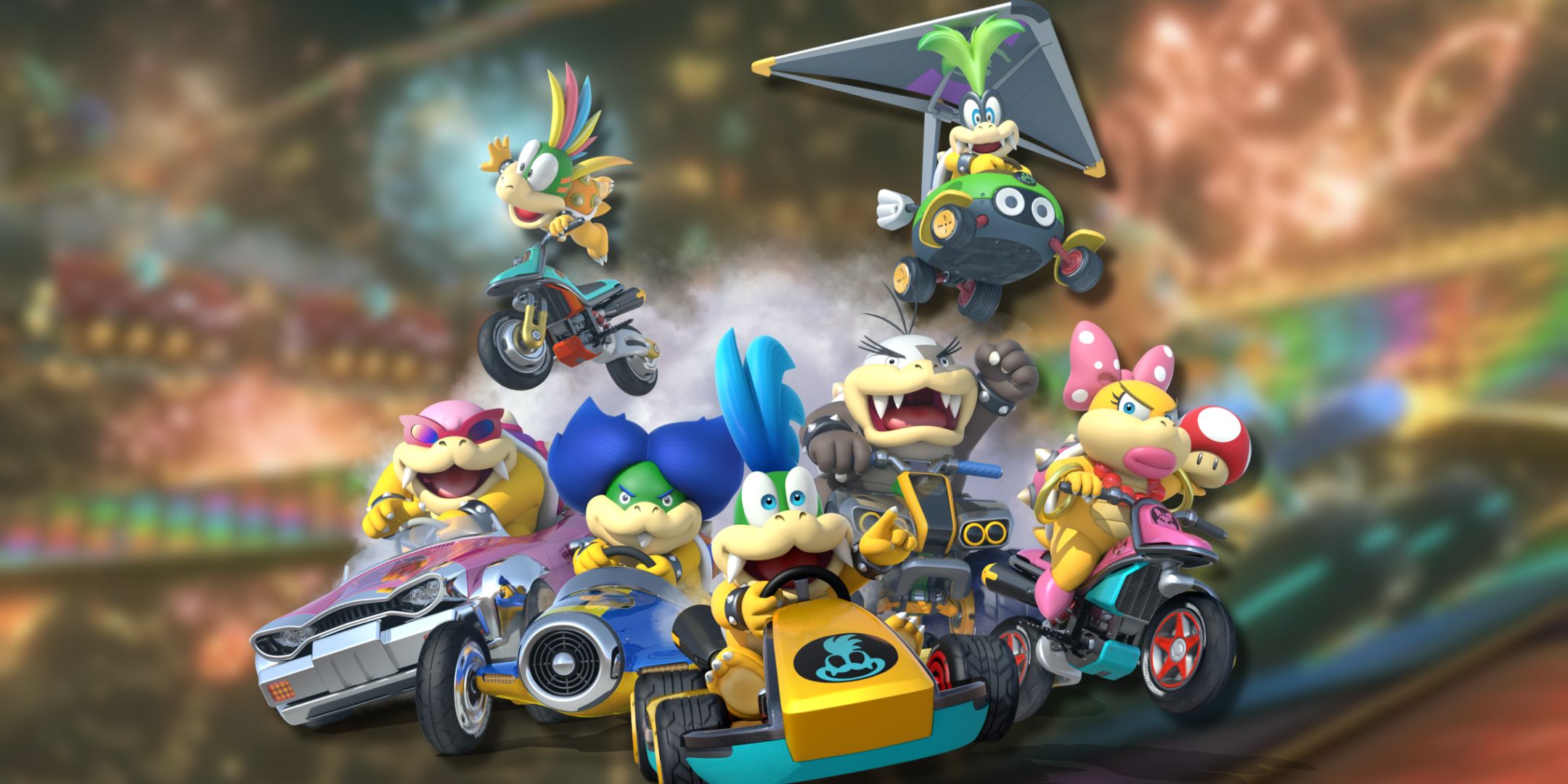 Artwork of the Koopalings over an image from Mario Kart 8 Deluxe.