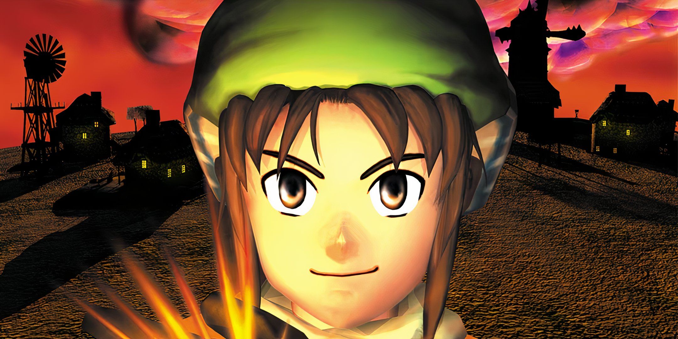 Main character of Dark Cloud looking at the camera with the silhouette of a town behind him.