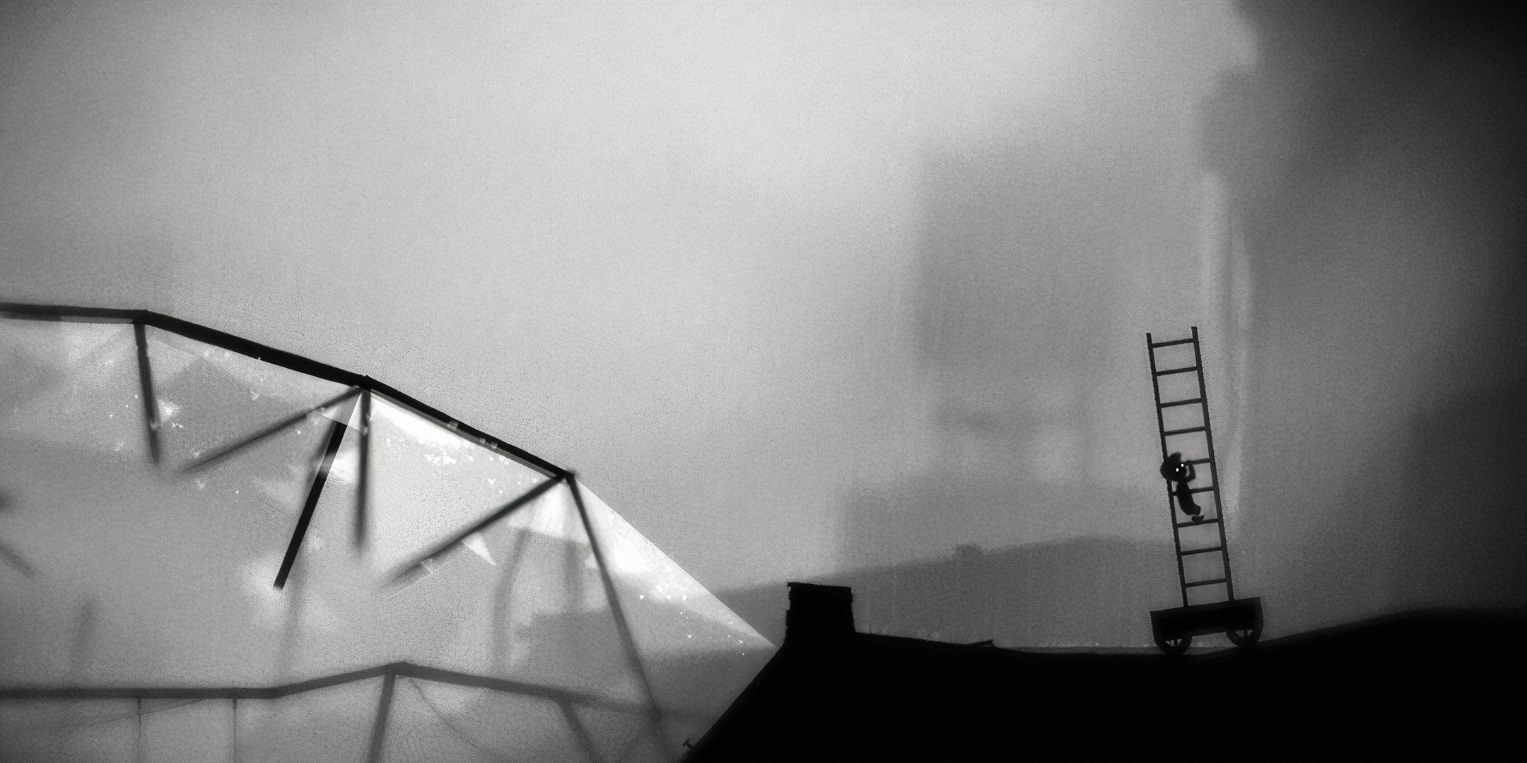 Boy climbing a ladder in a desolate landscape in Limbo.