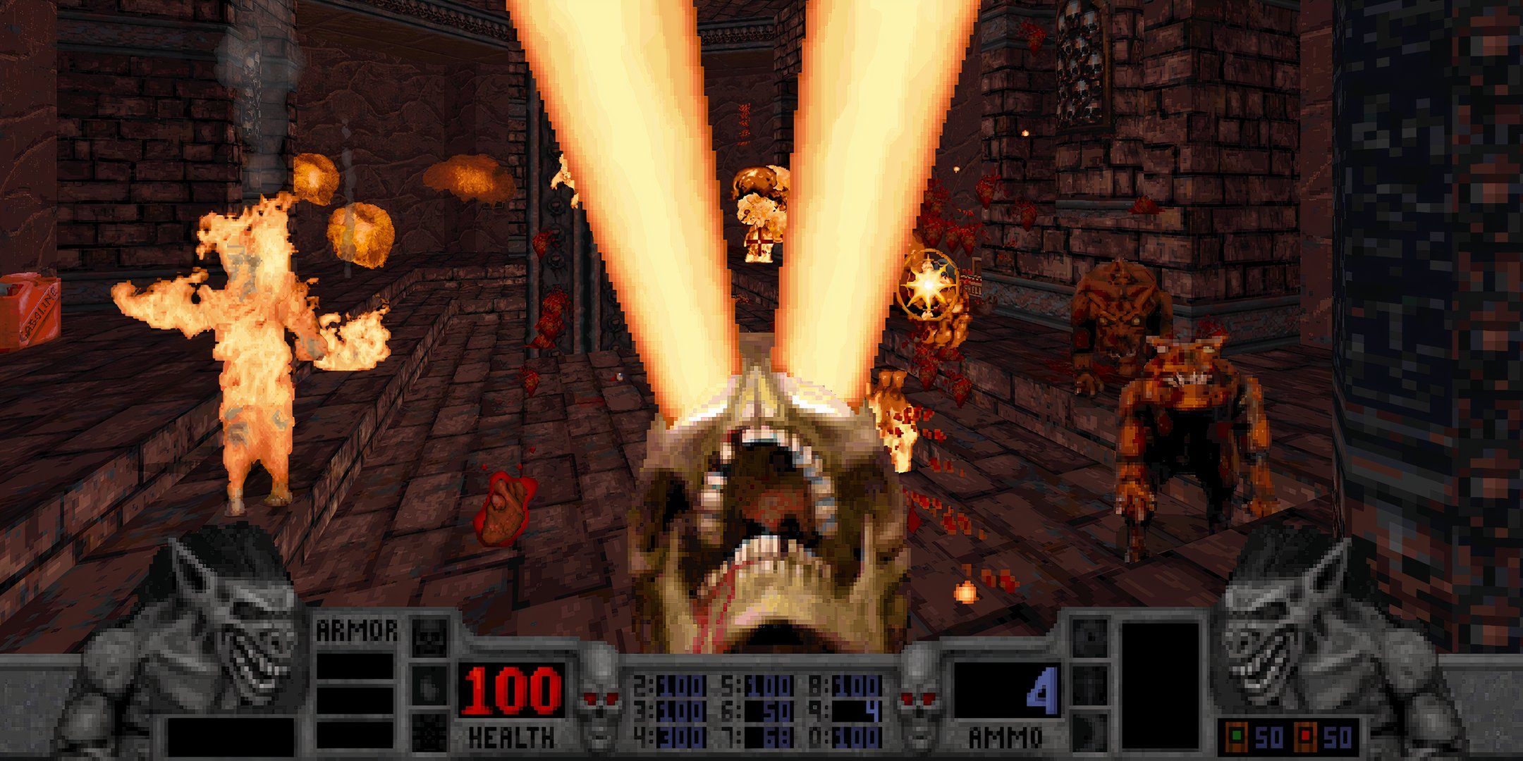 A skeleton demon getting killed in Blood.