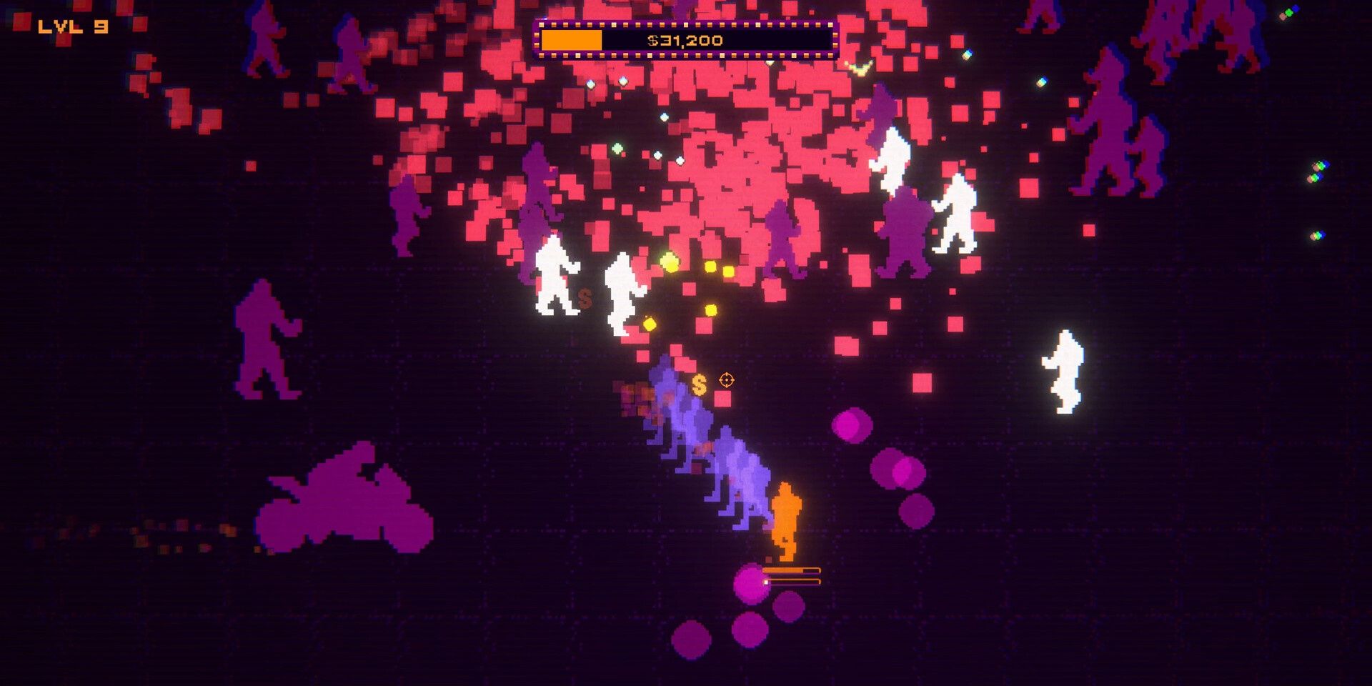 A yellow figure zooms backwards, leaving a trail of purple afterimages. The top of the field is saturated with blood while enemies close in, in BloodDome99.
