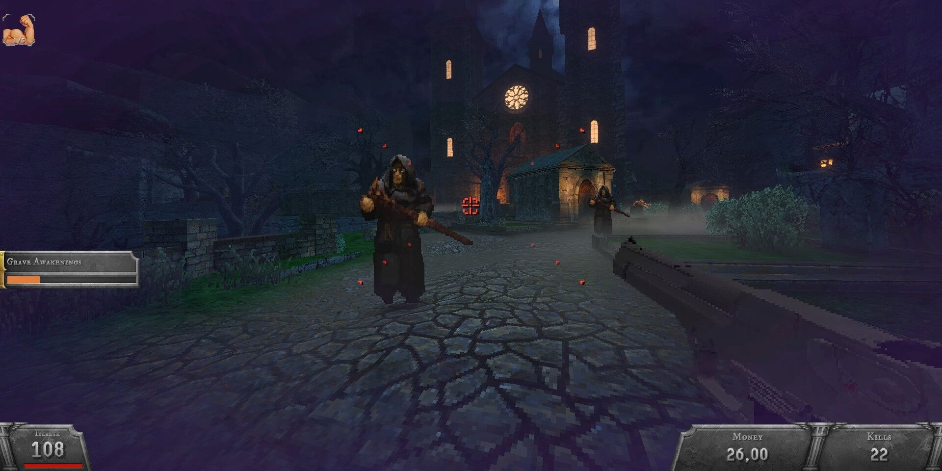 The player points a pistol towards some approaching cultists in a Victorian Gothic area. A cathedral lights the night in a the distance in Bloodshed.