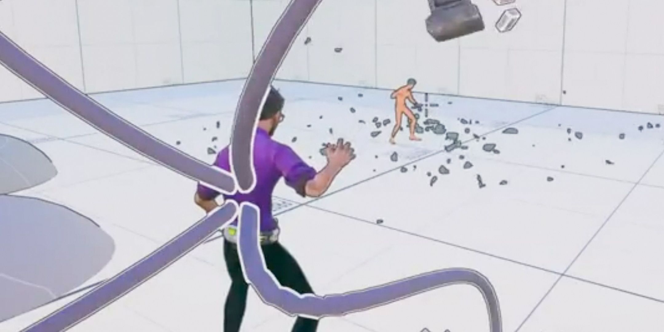 Bruce Banner from Marvel Rivals with Doctor Octopus arms in a blank white test room.
