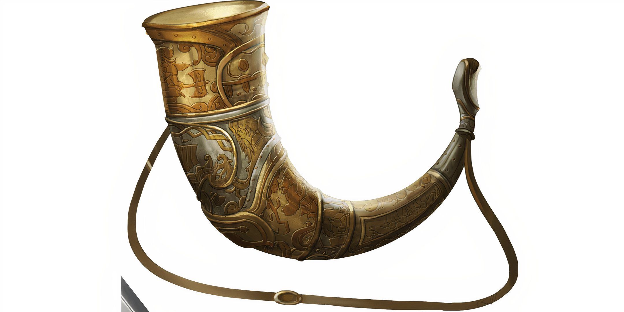 A magical horn item embossed with gold in Dungeons & Dragons. 