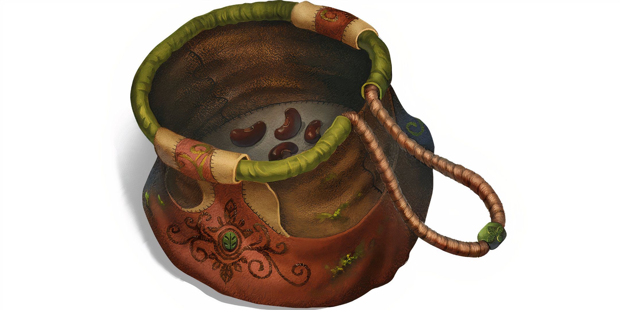 A leather bag holding a set of brown beans in Dungeons & Dragons.