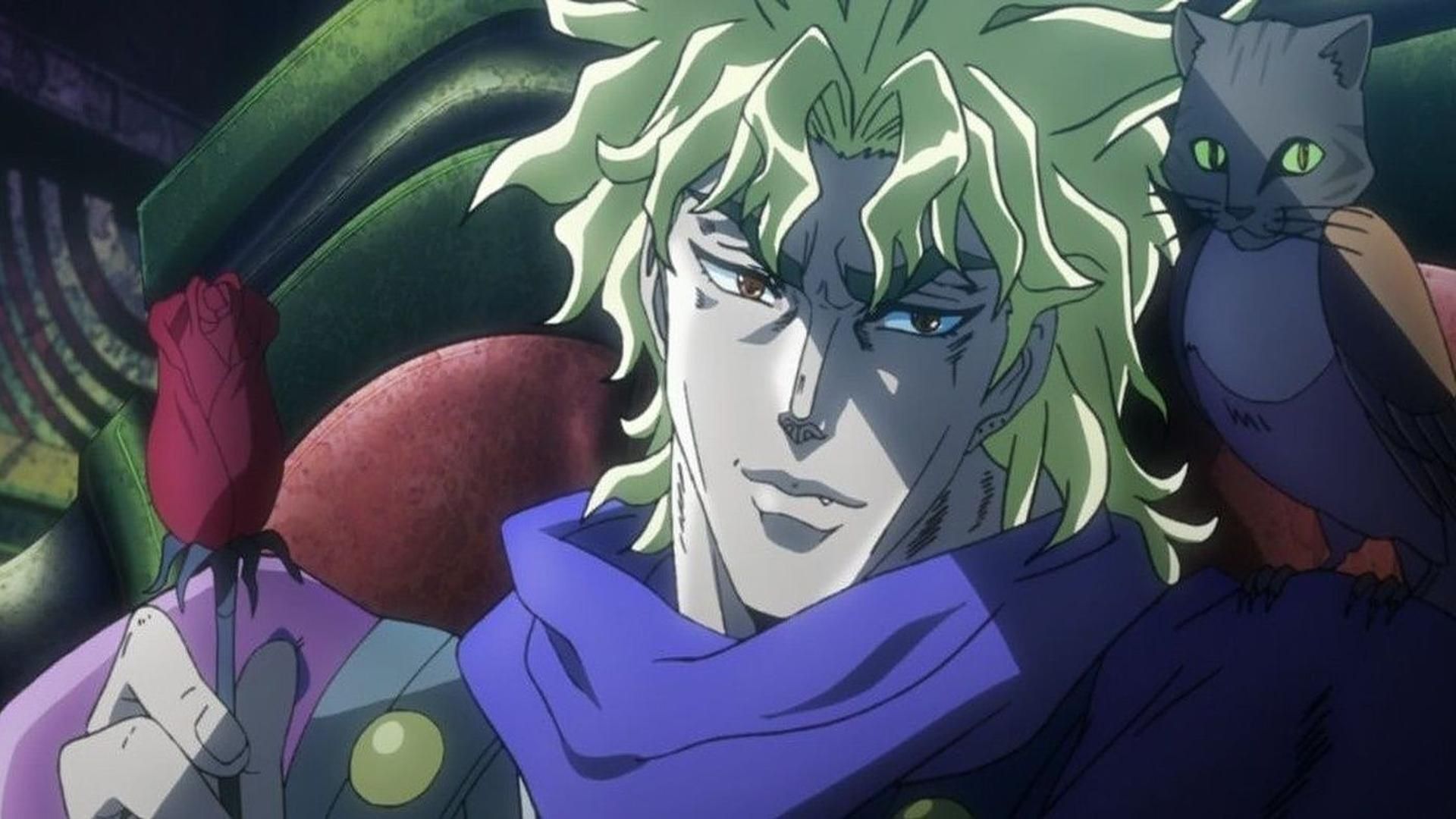 Dio smiling while holding a rose in Jojo's Bizarre Adventure.