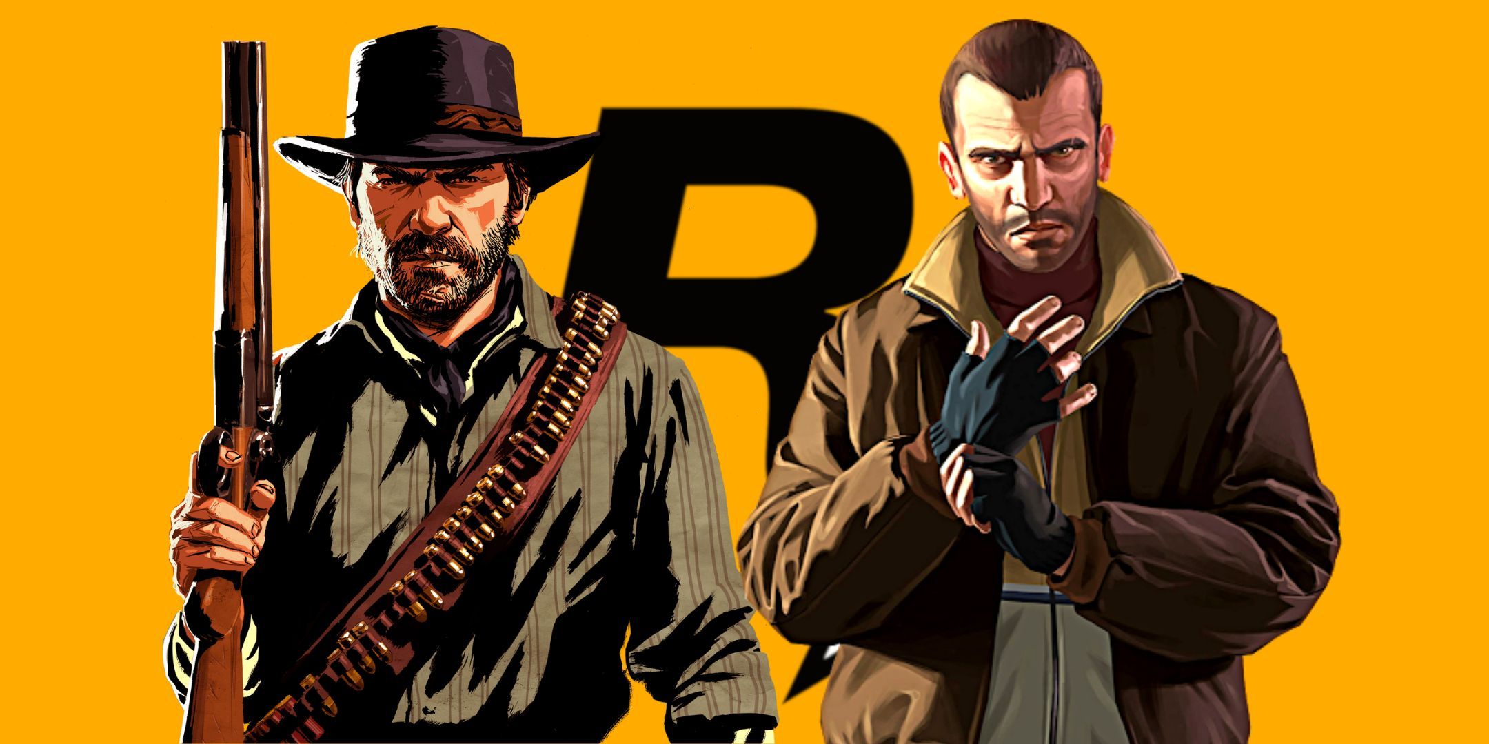 Featured Image of Niko Bellic and Arthur Morgan in front of the Rockstar logo.