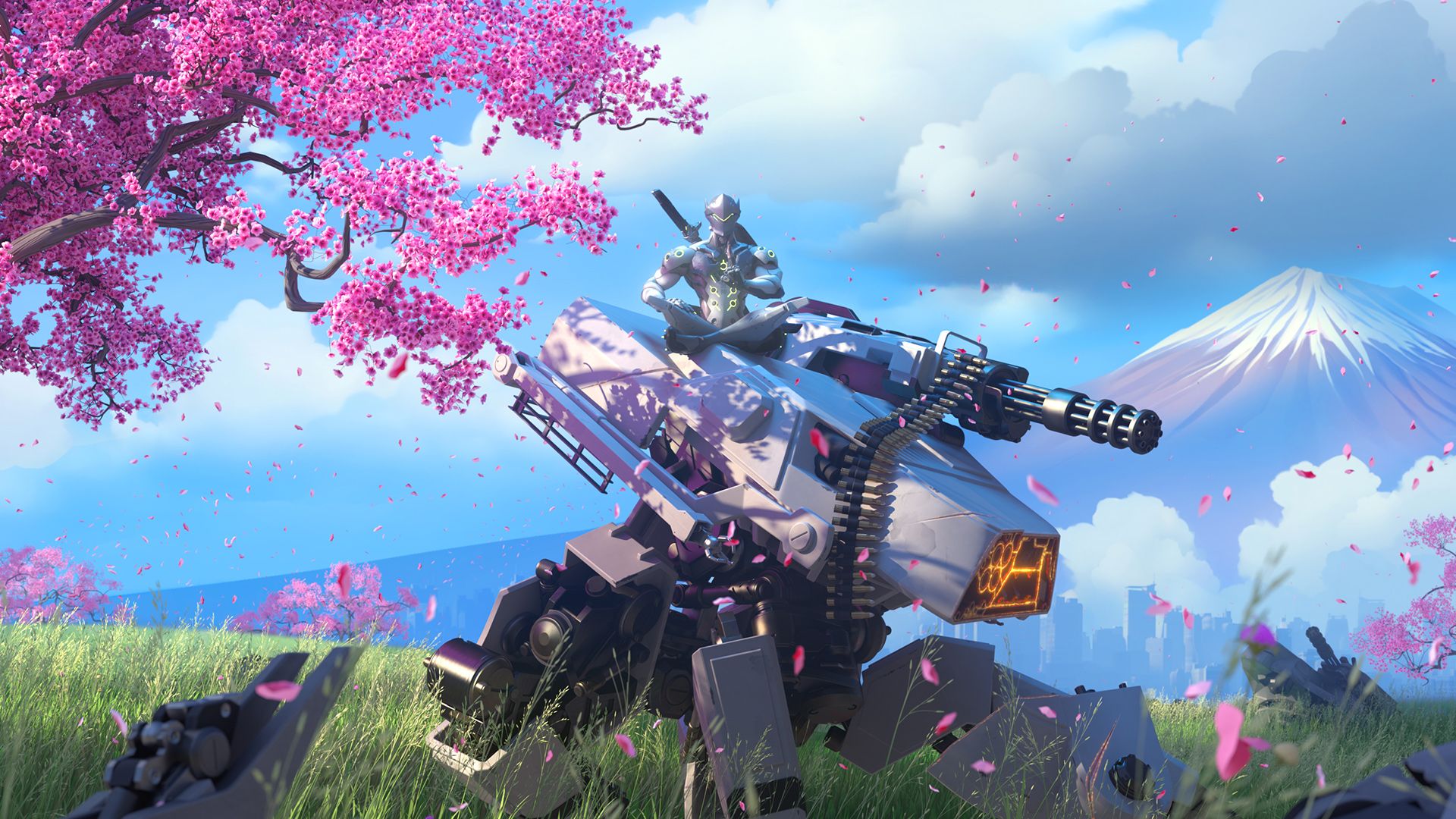 Genji from Overwatch sitting on a robot.