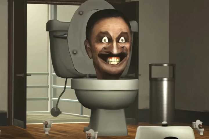 Giant Skibidi Toilet with a bunch of baby Skibidi Toilets entering a restaurant.