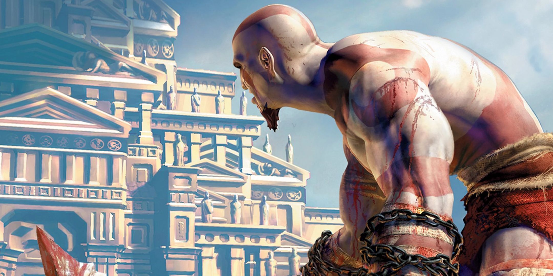 Art for the first God of War game, showing Kratos bloodied 