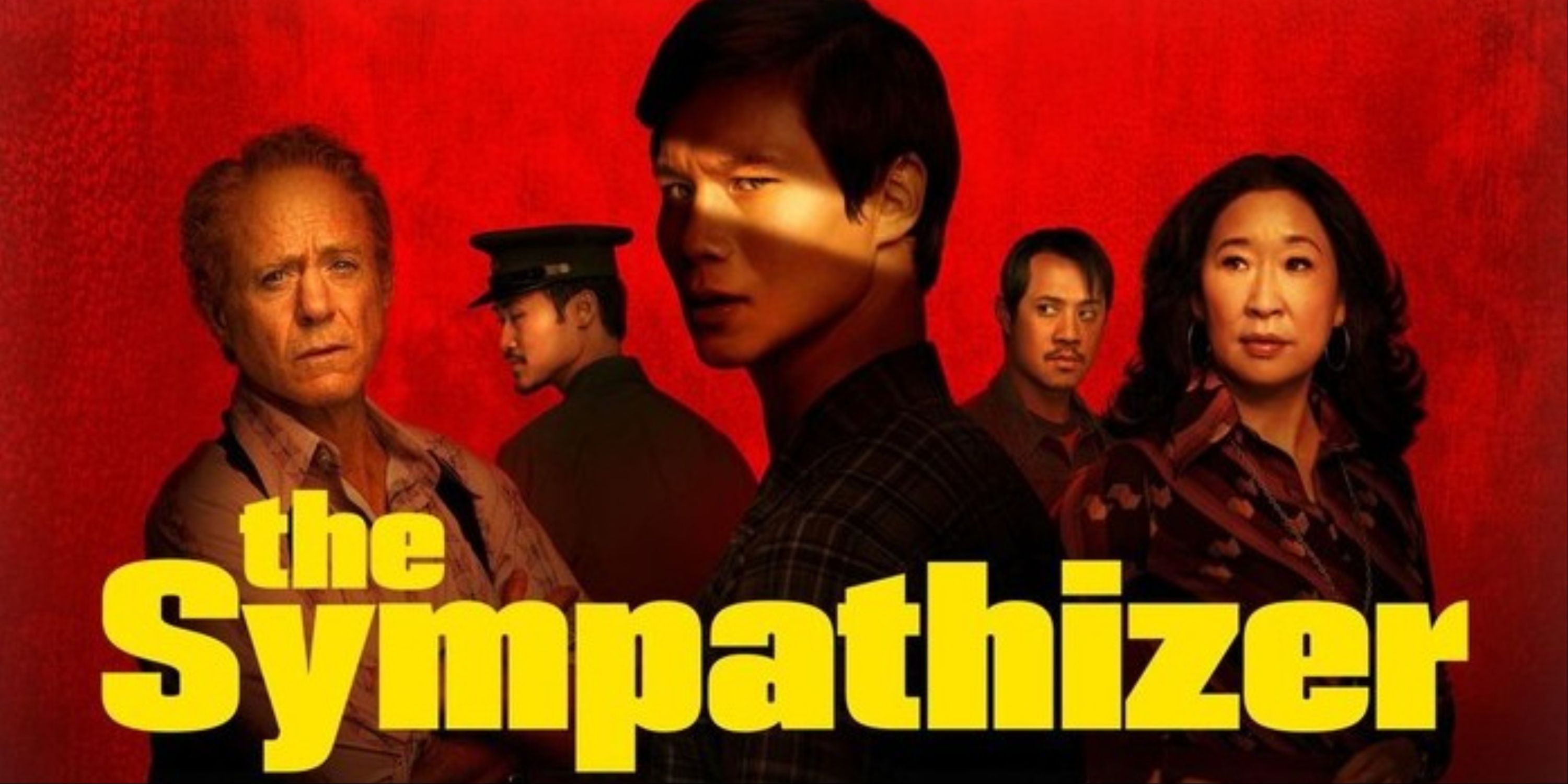 Hoa Xuande, Robert Downey Jr., Sandra Oh, and other characters on the main art for HBO's The Sympathizer with the title in yellow.