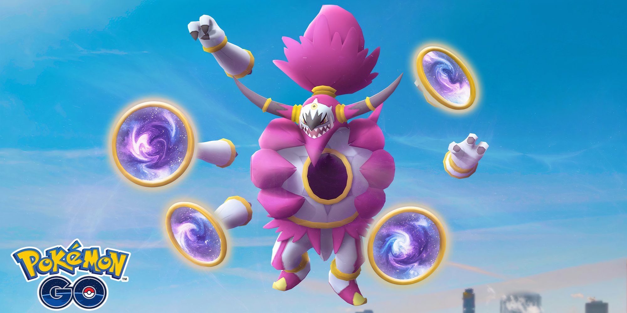 Image of Hoopa Unbound from Pokemon floating in the sky.