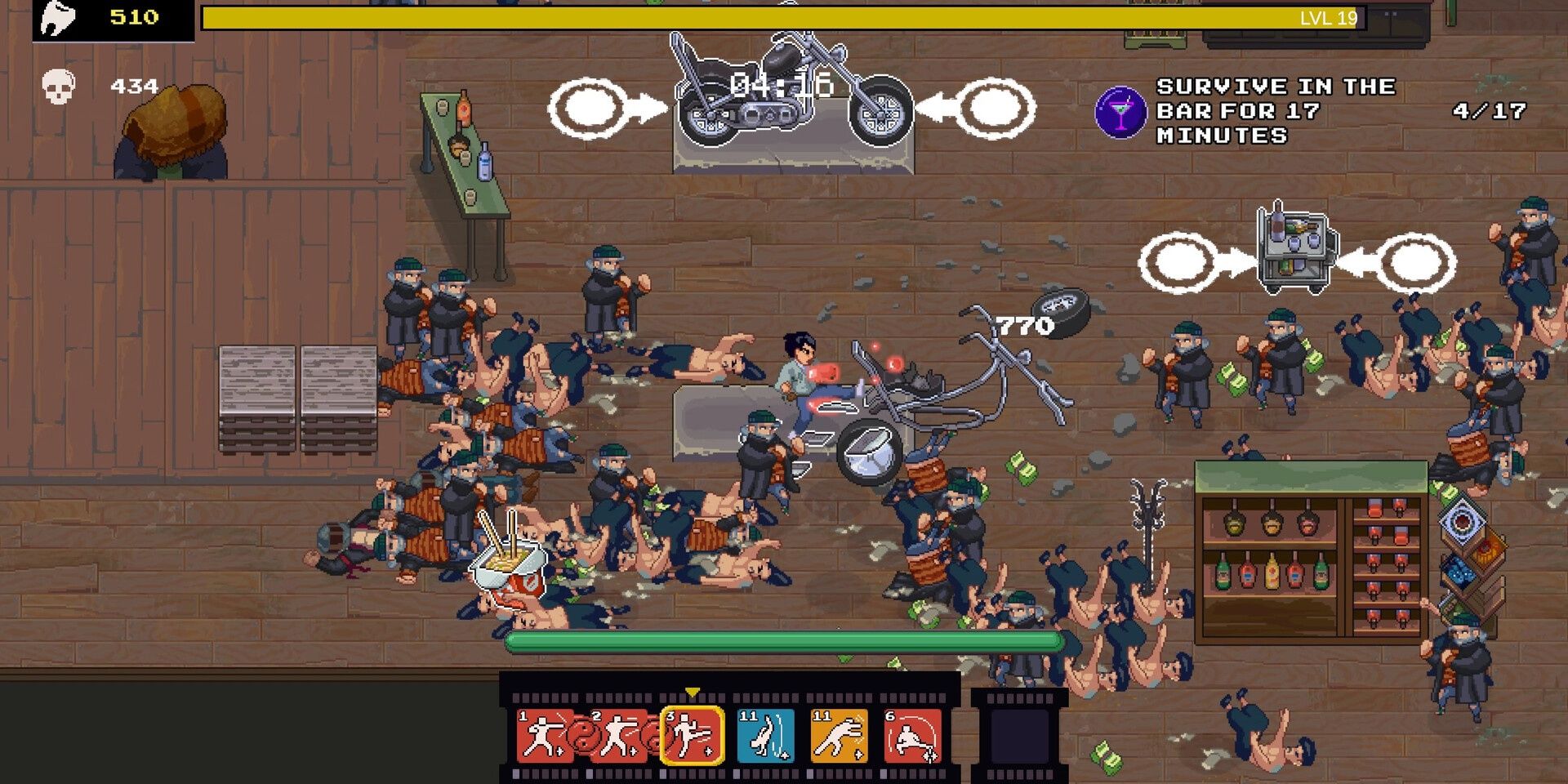 The blue-shirted player surrounded by thugs in a bar. He kicks a motorcycle into enemies, breaking it in Karate Survivor.