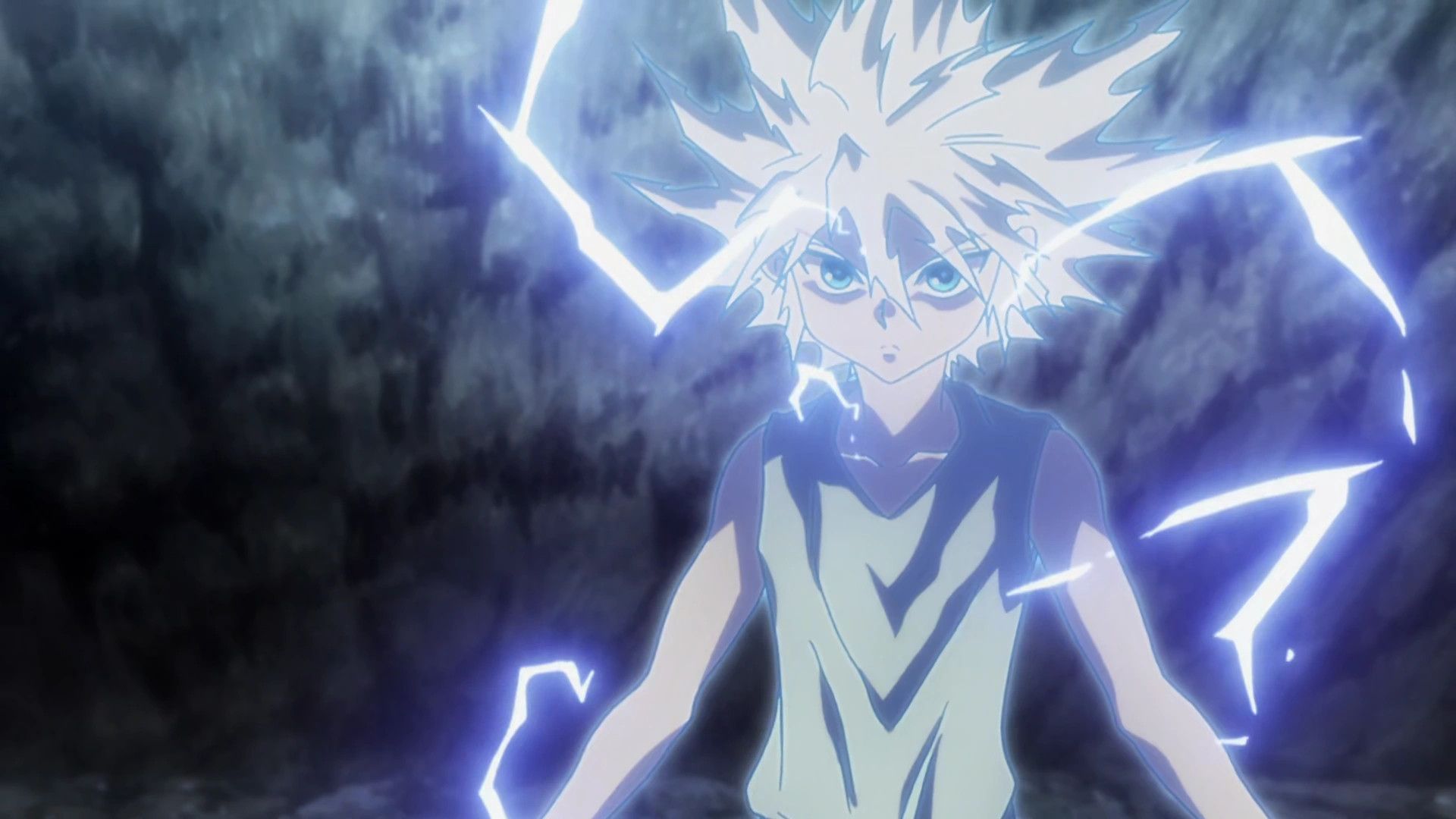 Killua from Hunter X Hunter looking serious while activating God Speed.